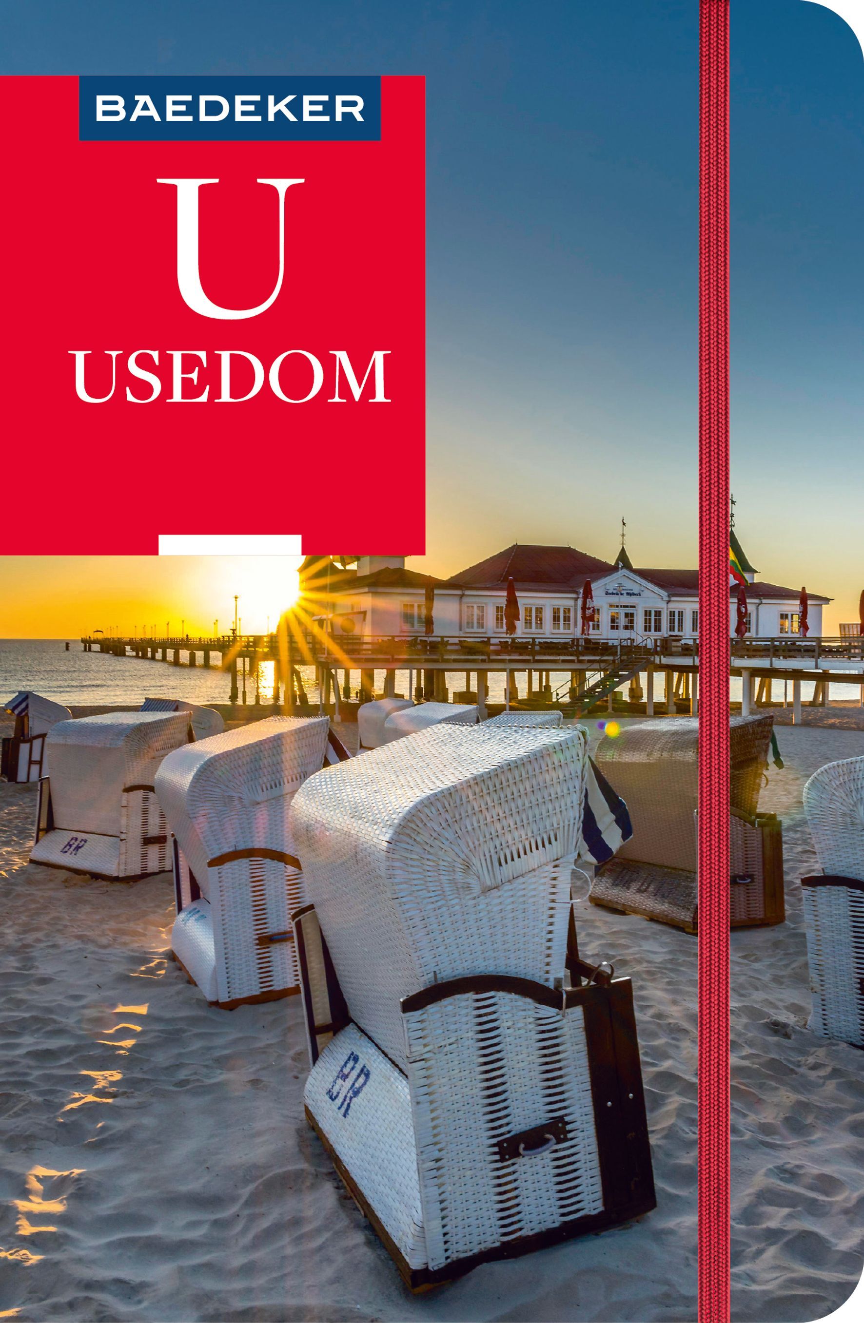 9783575000798 Baedeker Reiseführer Usedom, Cover Strandkörbe am Strand mit Pier dahinter und Sonnenuntergang