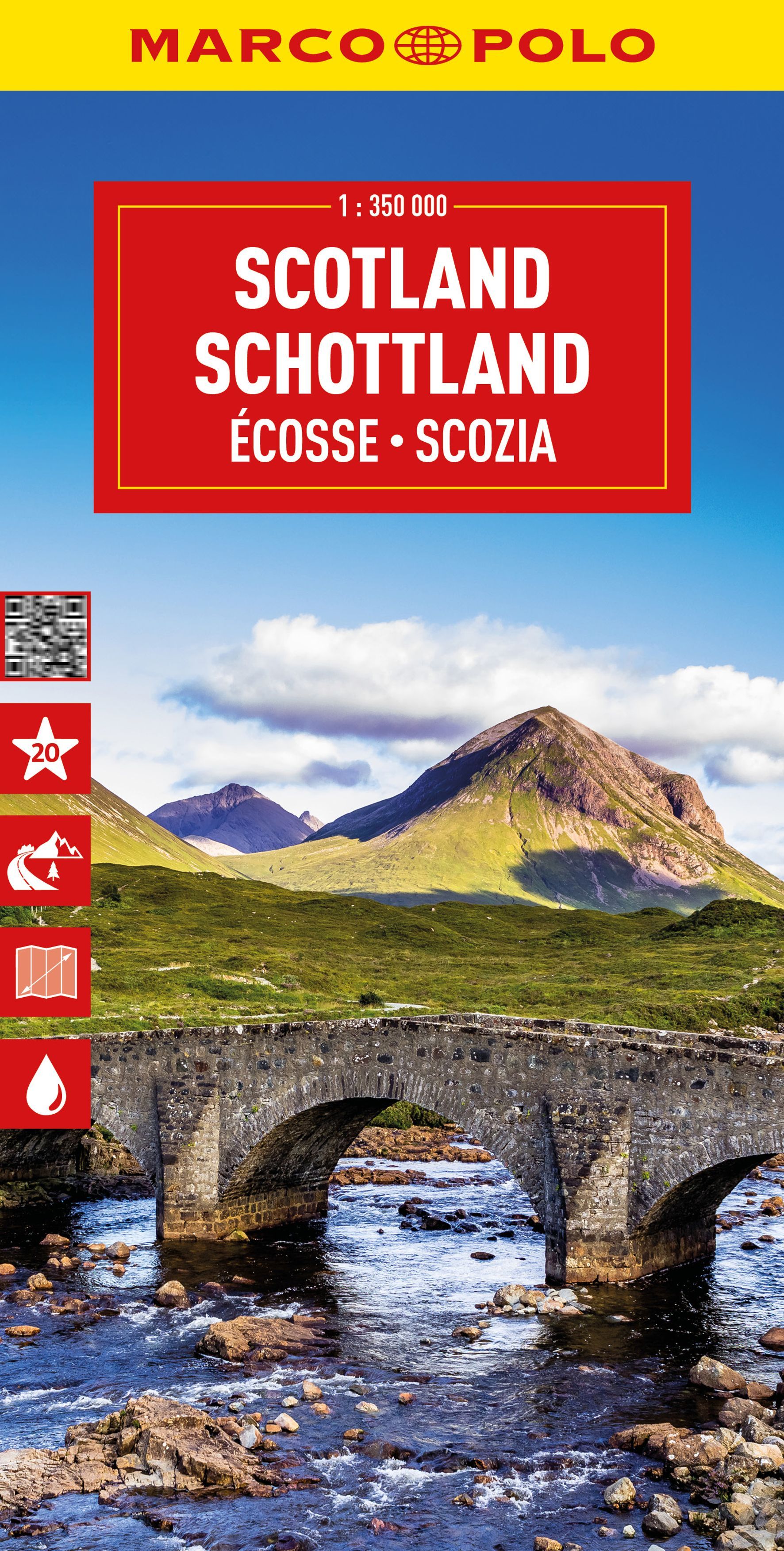 MARCO POLO Reisekarte Schottland 1:350.000 Cover Marco Polo Reisekarte Schottland. Landschaft mit Berg im Hintergrund und Brücke über Fluss