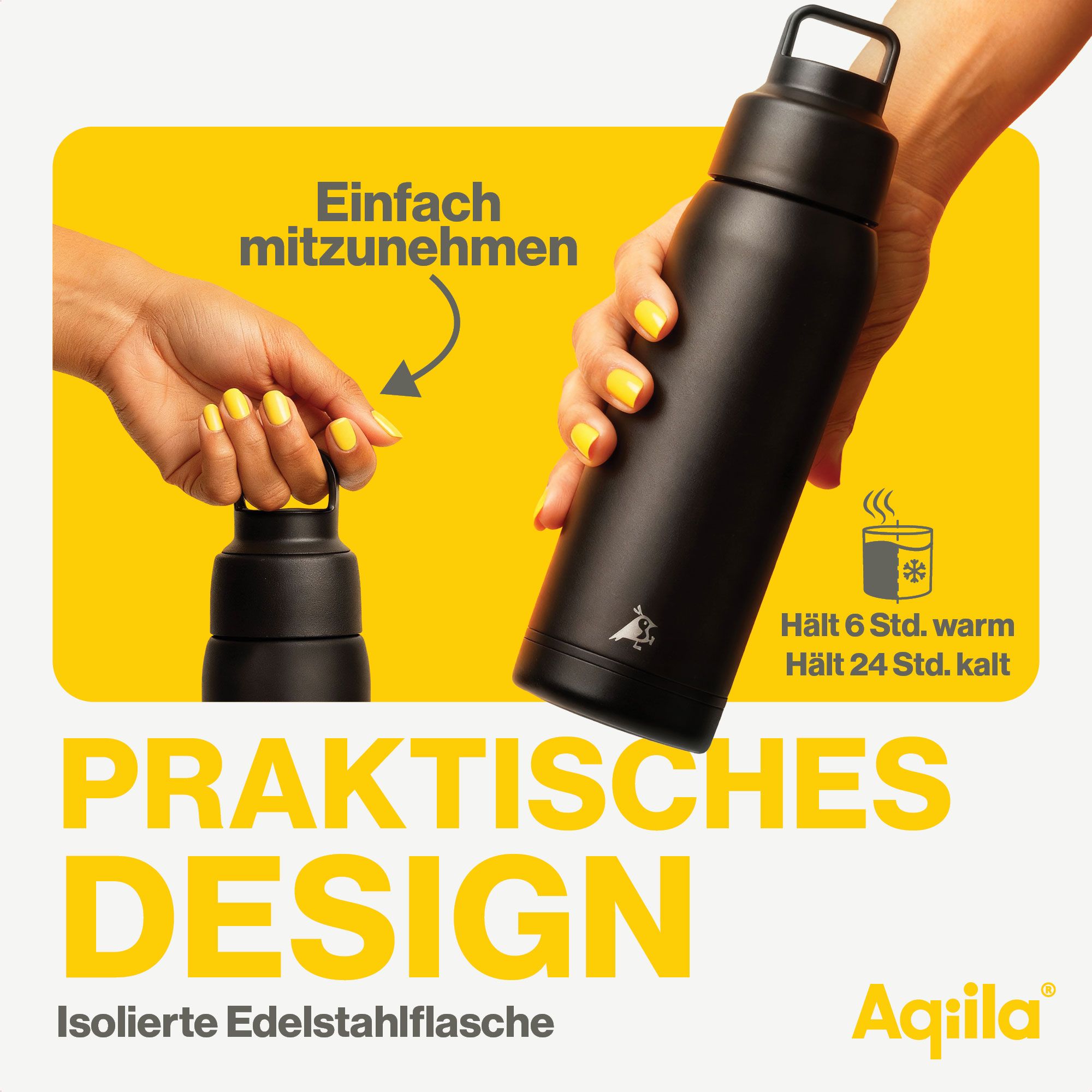 Stainless steel bottle, Isolierte Edelstahlflasche, Reisebecher, Kühles Gelb Hintergrund, Ergonomischer Griff