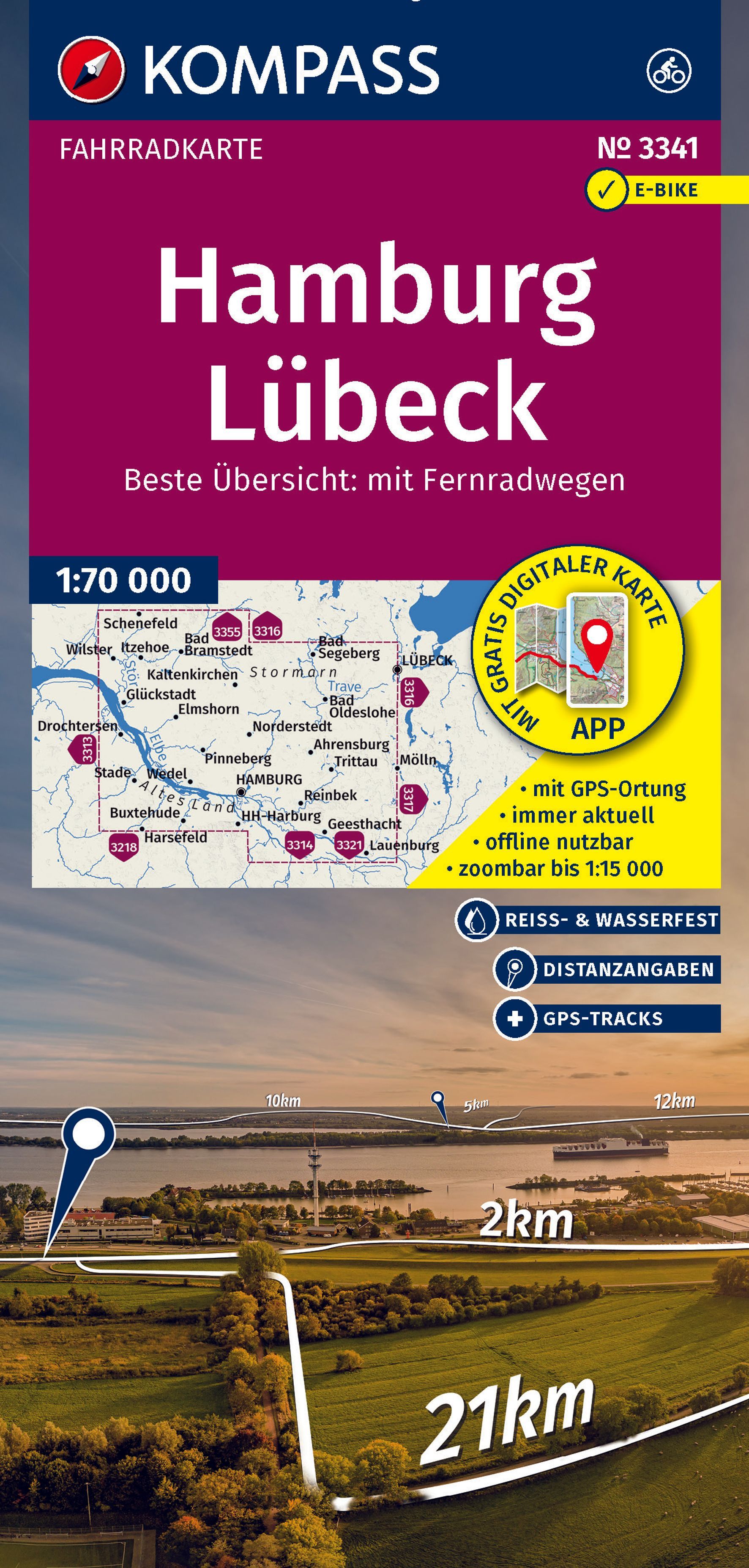 KOMPASS Fahrradkarte 3341 Hamburg, Lübeck 1:70.000 Werbung, Plakat