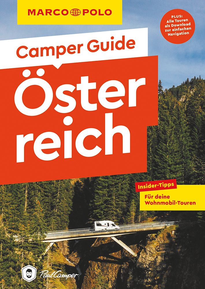 9783829731881 MARCO POLO Camper Guide Österreich, Camper fährt über Holzbrücke, dahinter ein Wald