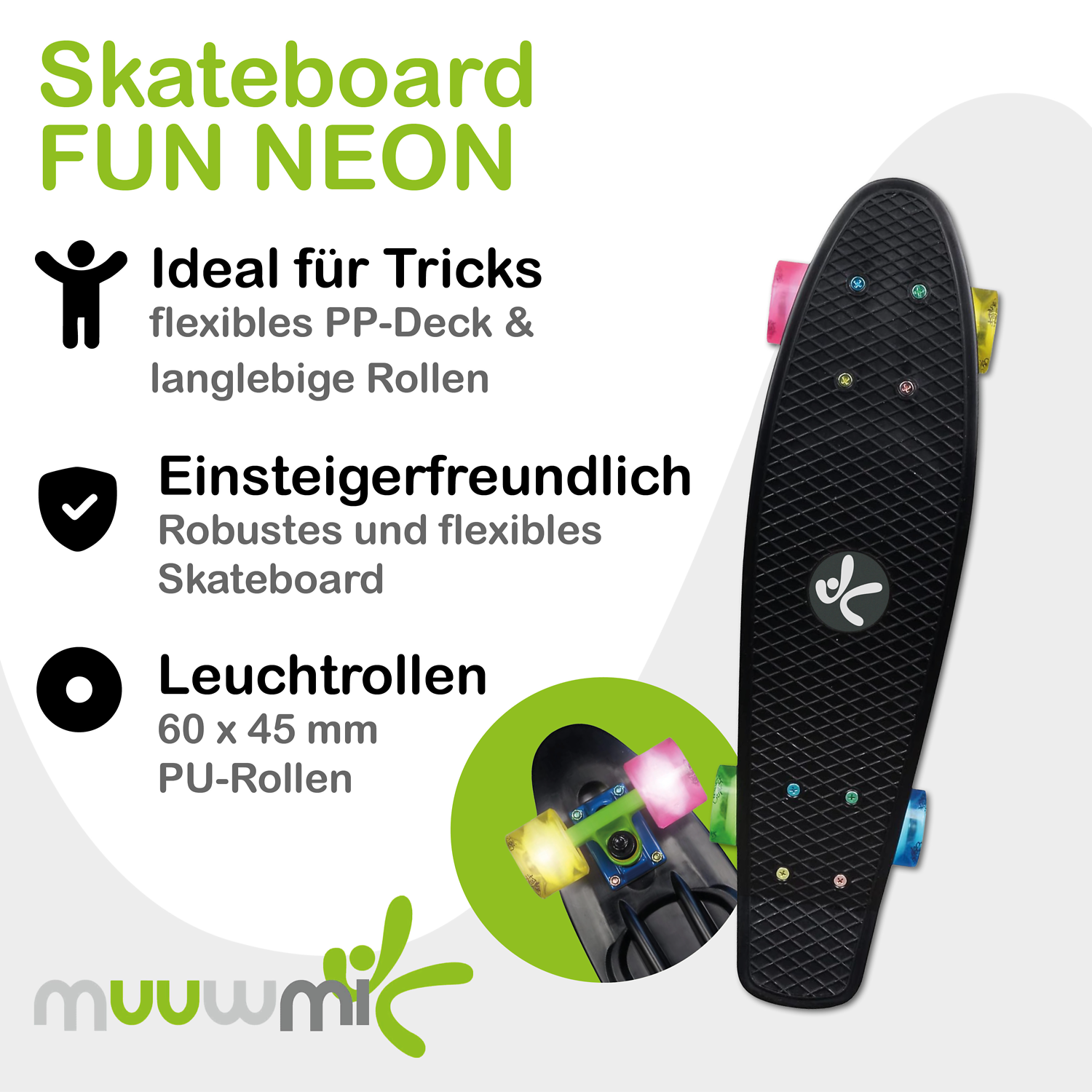  Skateboard, Neon, Leuchtrollen, PP-Deck, Antirutsch