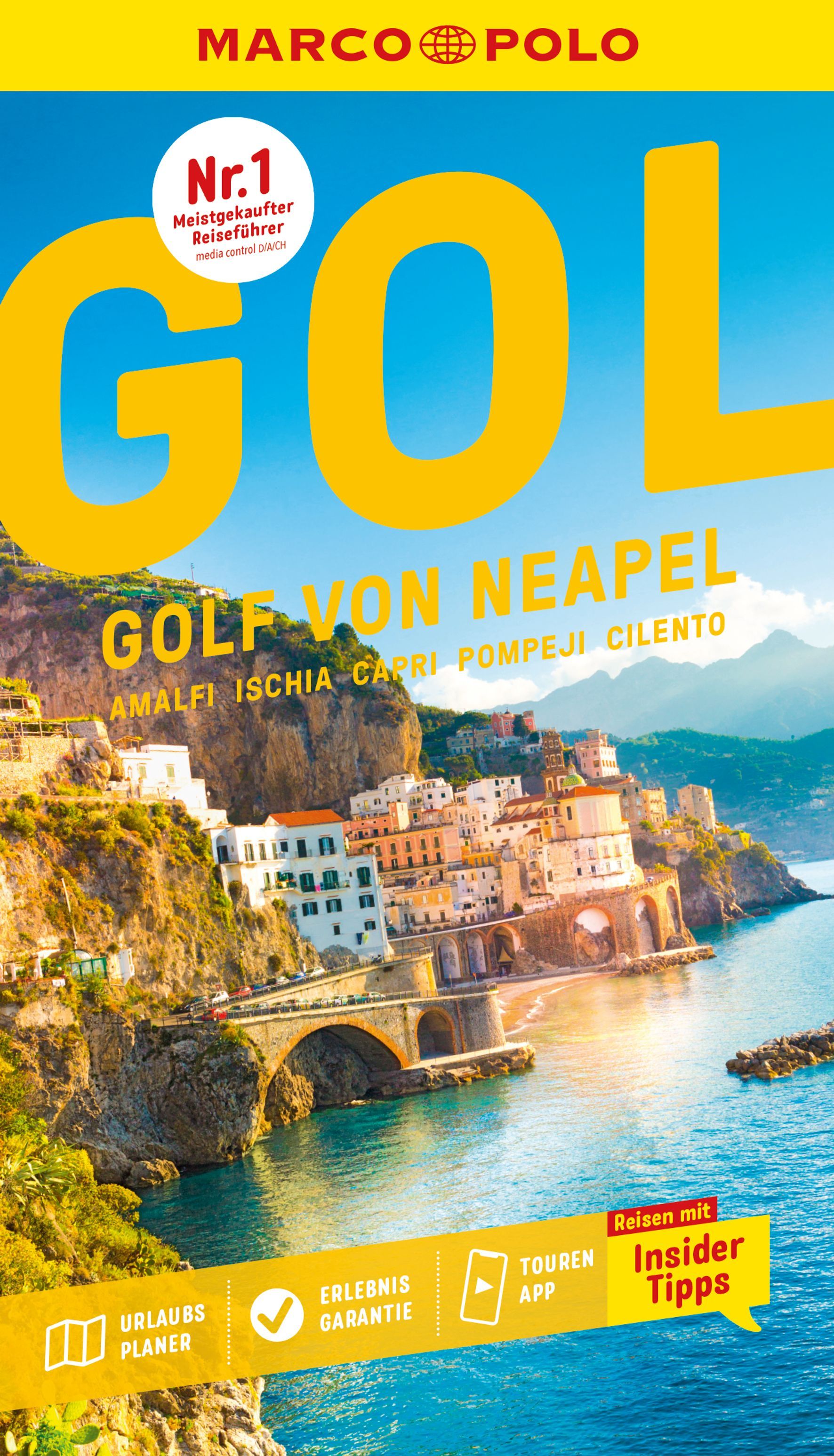 MARCO POLO Reiseführer Golf von Neapel, Amalfi Cover Marco Polo Reiseführer Golf von Neapel. Gebäude an Küstenhang direkt am Wasser