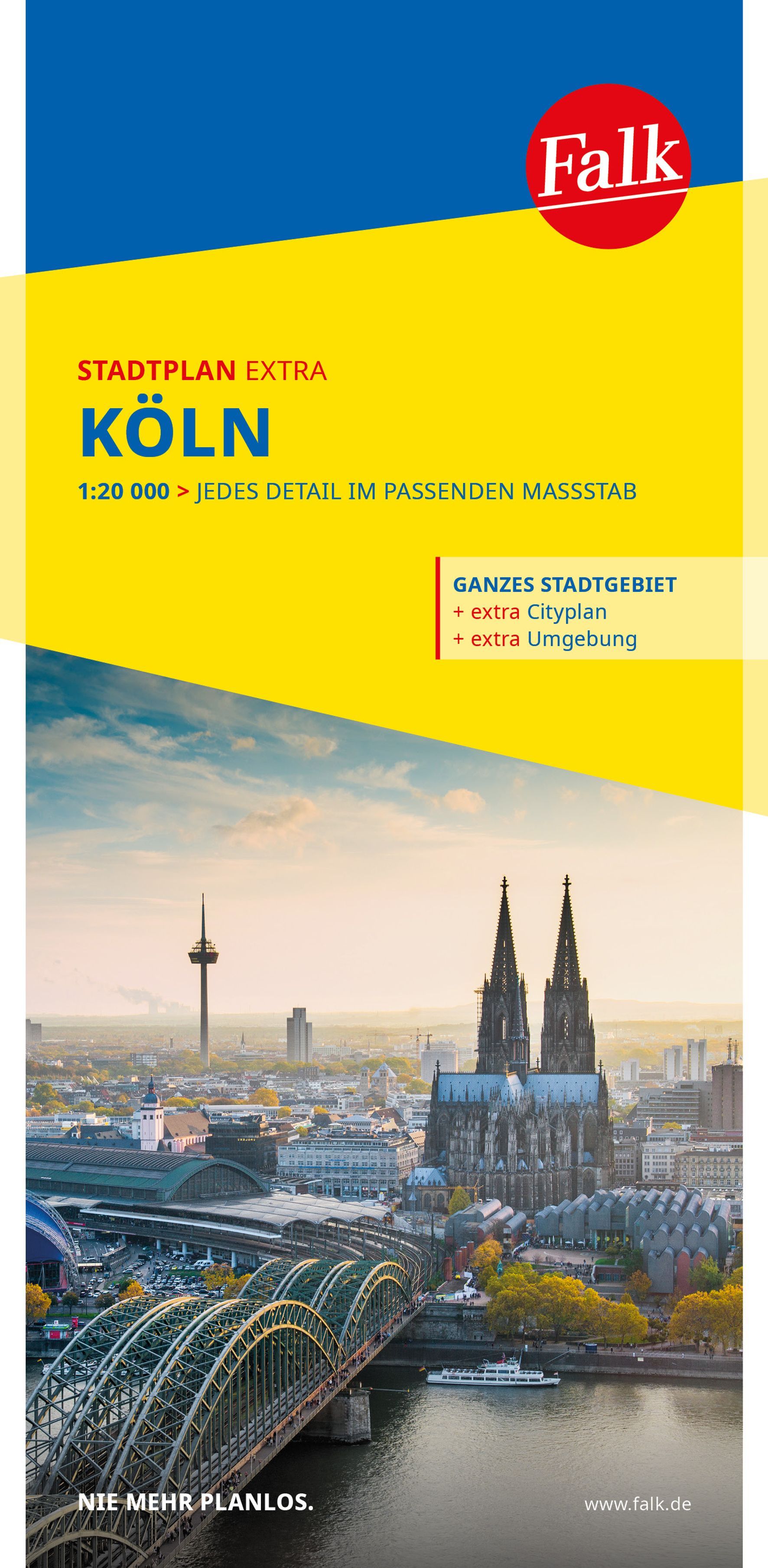 Falk Stadtplan Extra Köln 1:20.000 Cover Falk Stadtplan Extra Köln. Skyline von Köln mit Rhein und Kölner Dom
