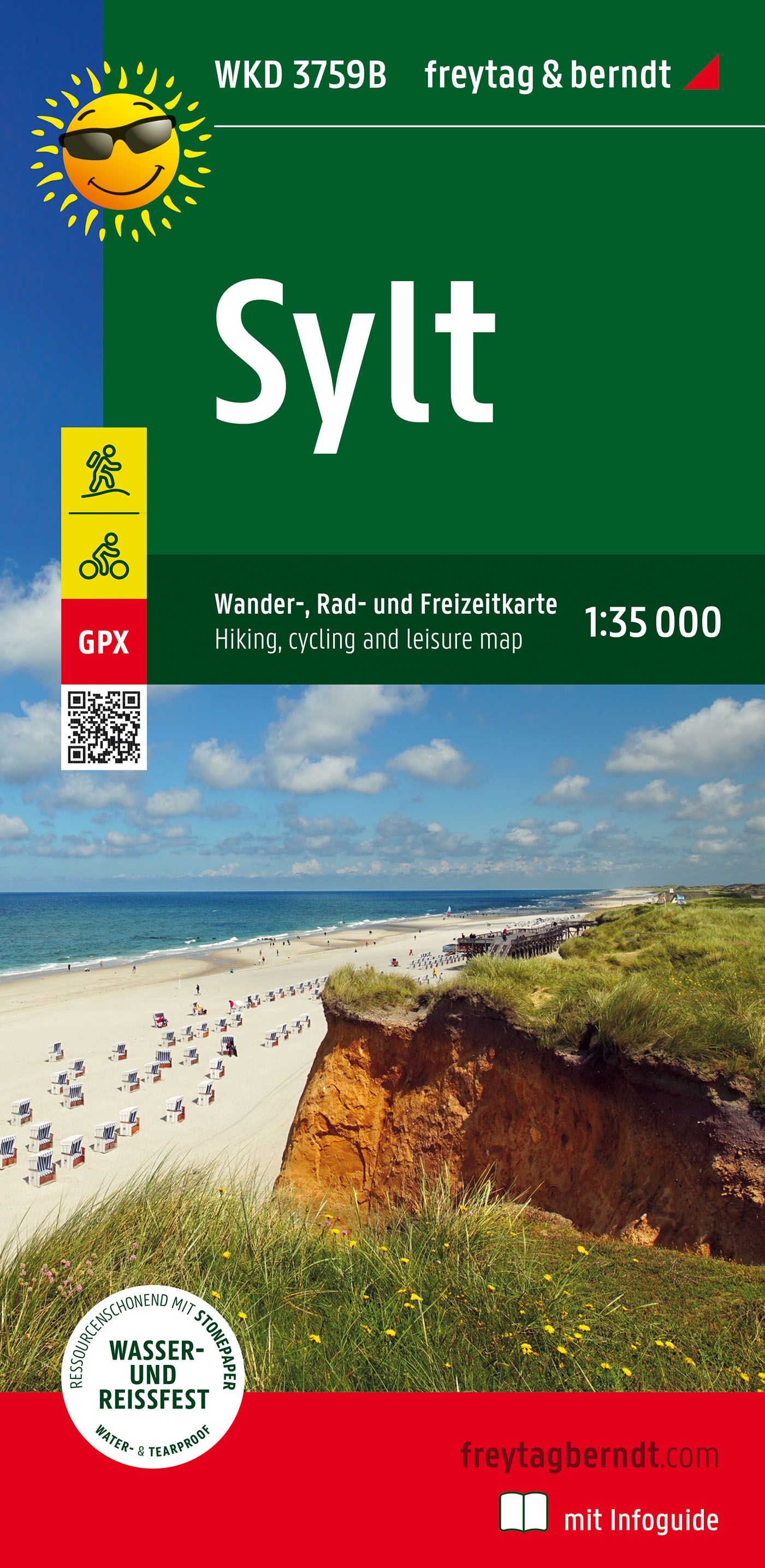 9783707918953 Sylt, Wander- und Radkarte, Cover Strand mit Meer uns Küste