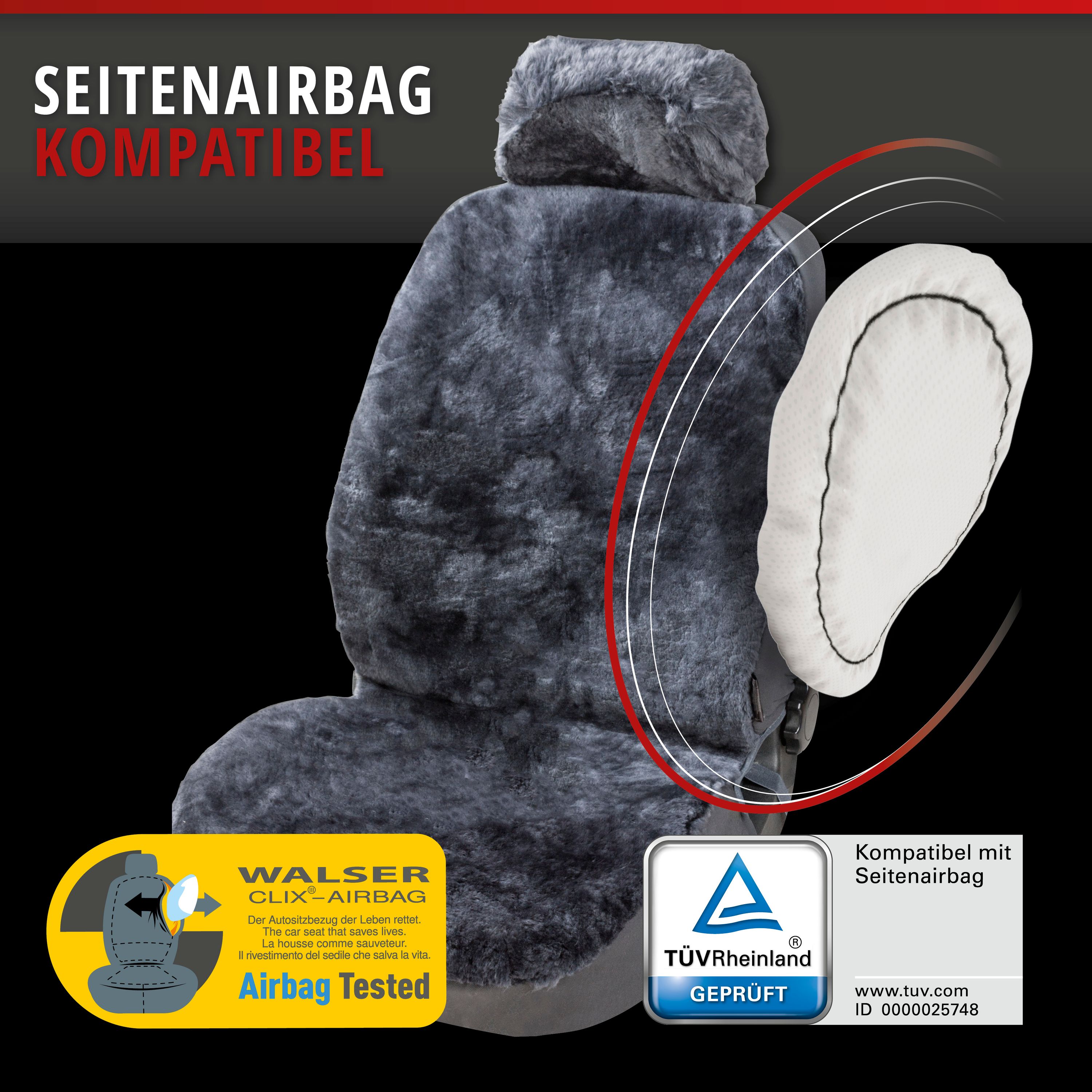 9001778200211_012 Autositzbezug Iva Lammfell anthrazit, auf Sitz montiert mit Seiten Airbag