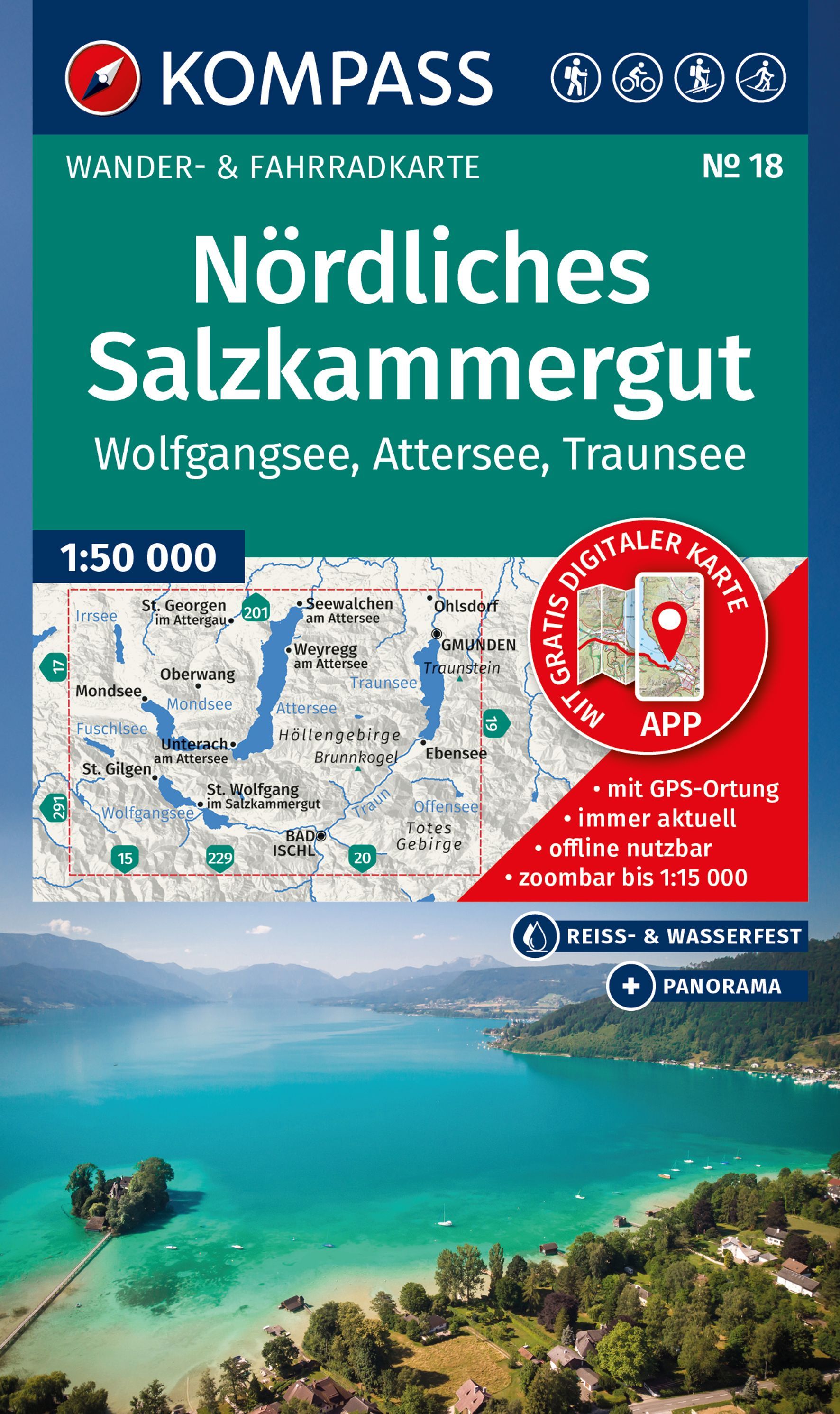 KOMPASS Wanderkarte 18 Nördliches Salzkammergut Werbung, Plakat, Land, Draußen, Meer