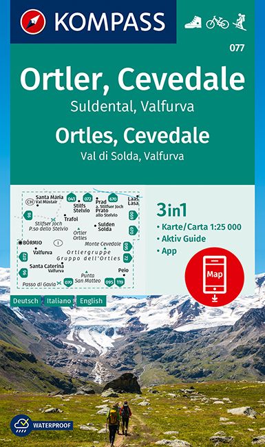 9783991214588 KOMPASS Wanderkarte Ortler, Cevedale, Suldental, zwei Personen die Wandern im Berggebiet
