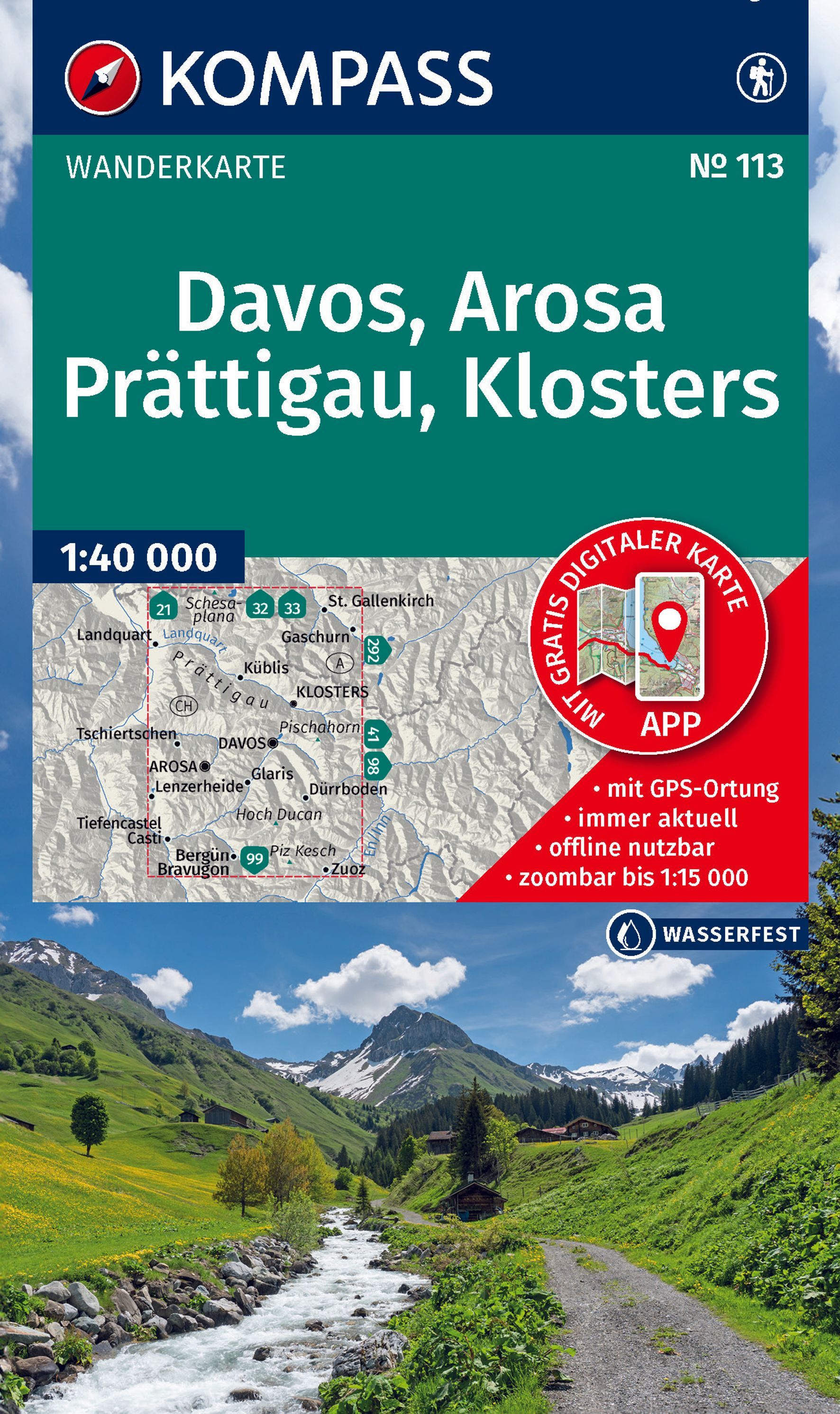 KOMPASS Wanderkarte 113 Davos, Arosa, Prättigau Werbung, Plakat, Draußen, Natur
