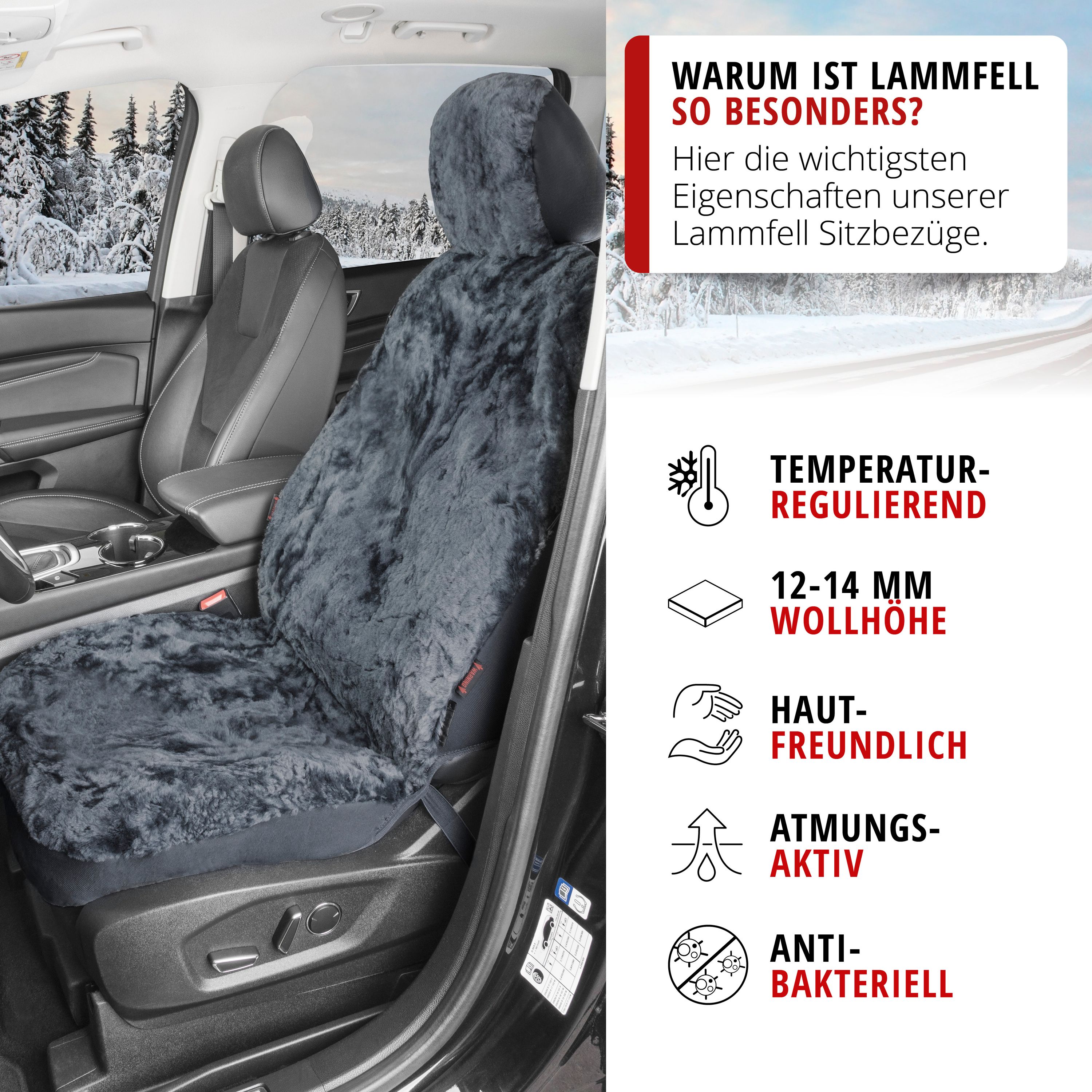 9001778200211_008 Autositzbezug Iva Lammfell anthrazi, im Auto montiert mit Vorteilen des Lammfells