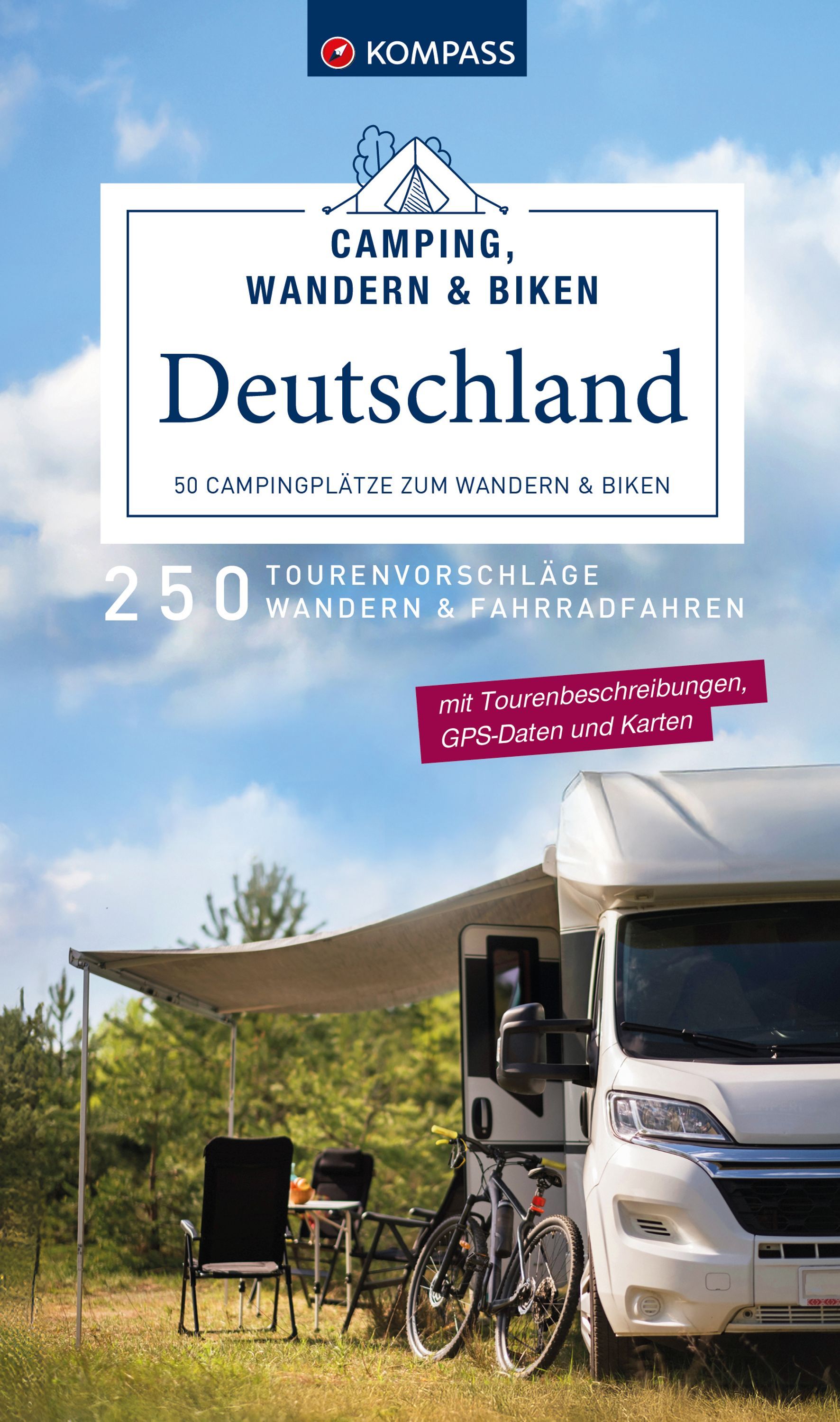 KOMPASS Camping, Wandern & Biken Deutschland Werbung, Stuhl, Mobiliar, Fahrrad, Rad