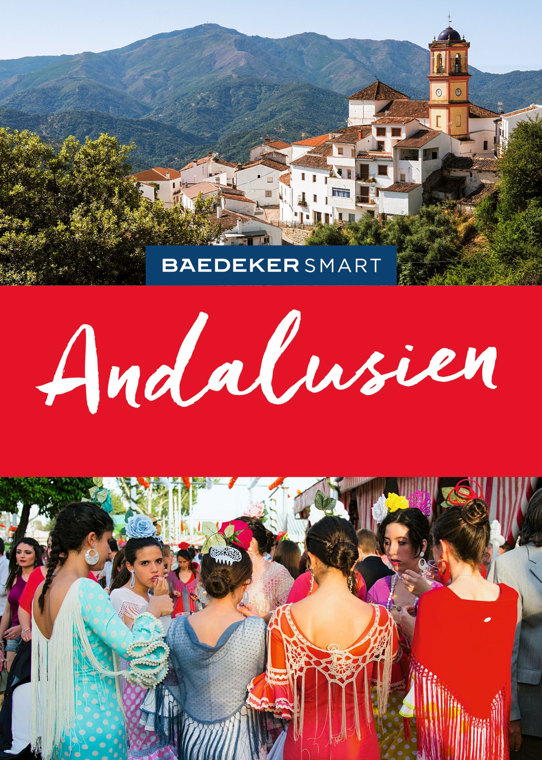 Berge Stadt, weiße Gebäude, roter Banner, Andalusien, Festkleidung