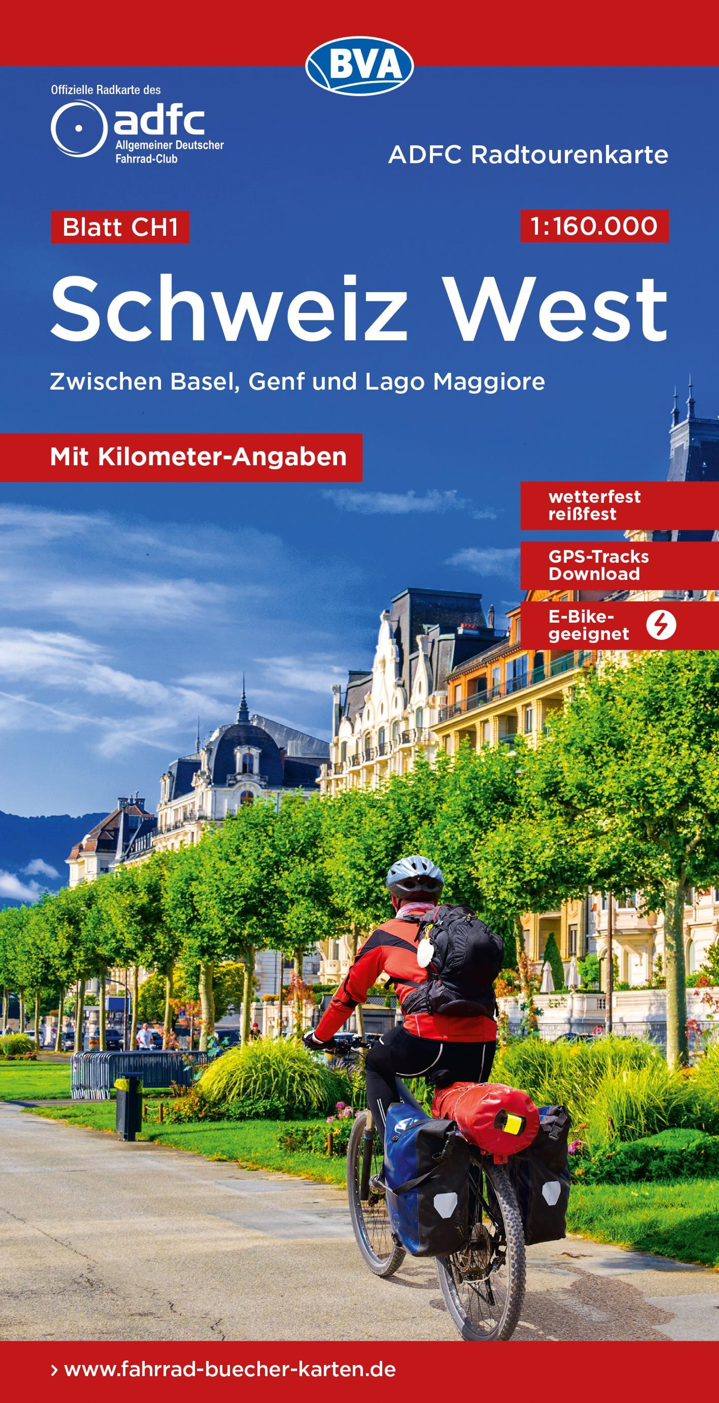 Radkarte, Schweiz West, Fahrradkarte, Radtour, Mit Kilometer-Angaben