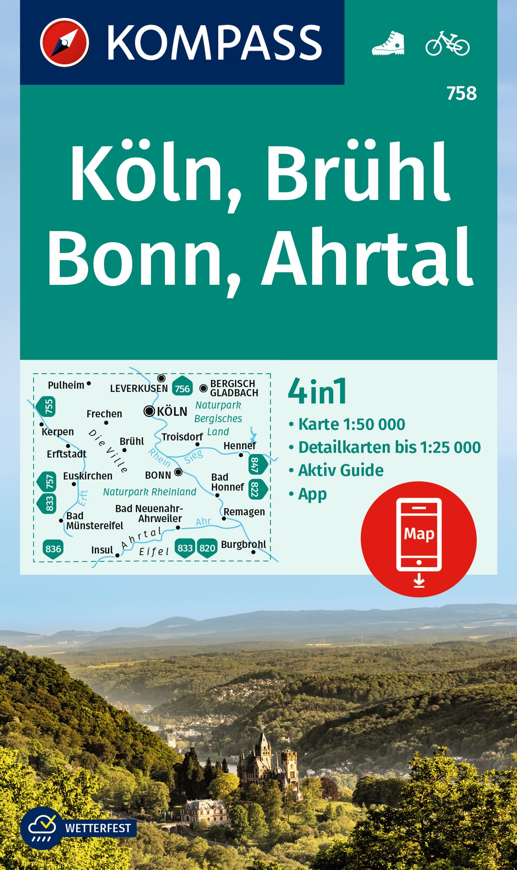 KOMPASS Wanderkarte 758 Köln, Brühl, Bonn, Ahrtal Werbung, Plakat, Architektur, Gebäude,