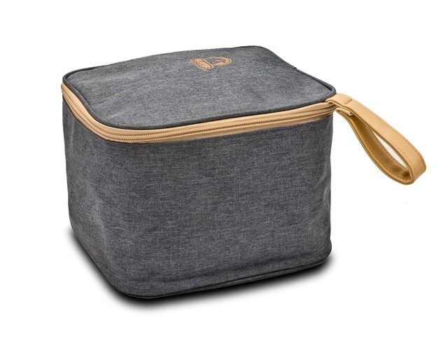 Makeup bag, Cosmetic bag, Gray fabric, Zippered pouch, Leather handle