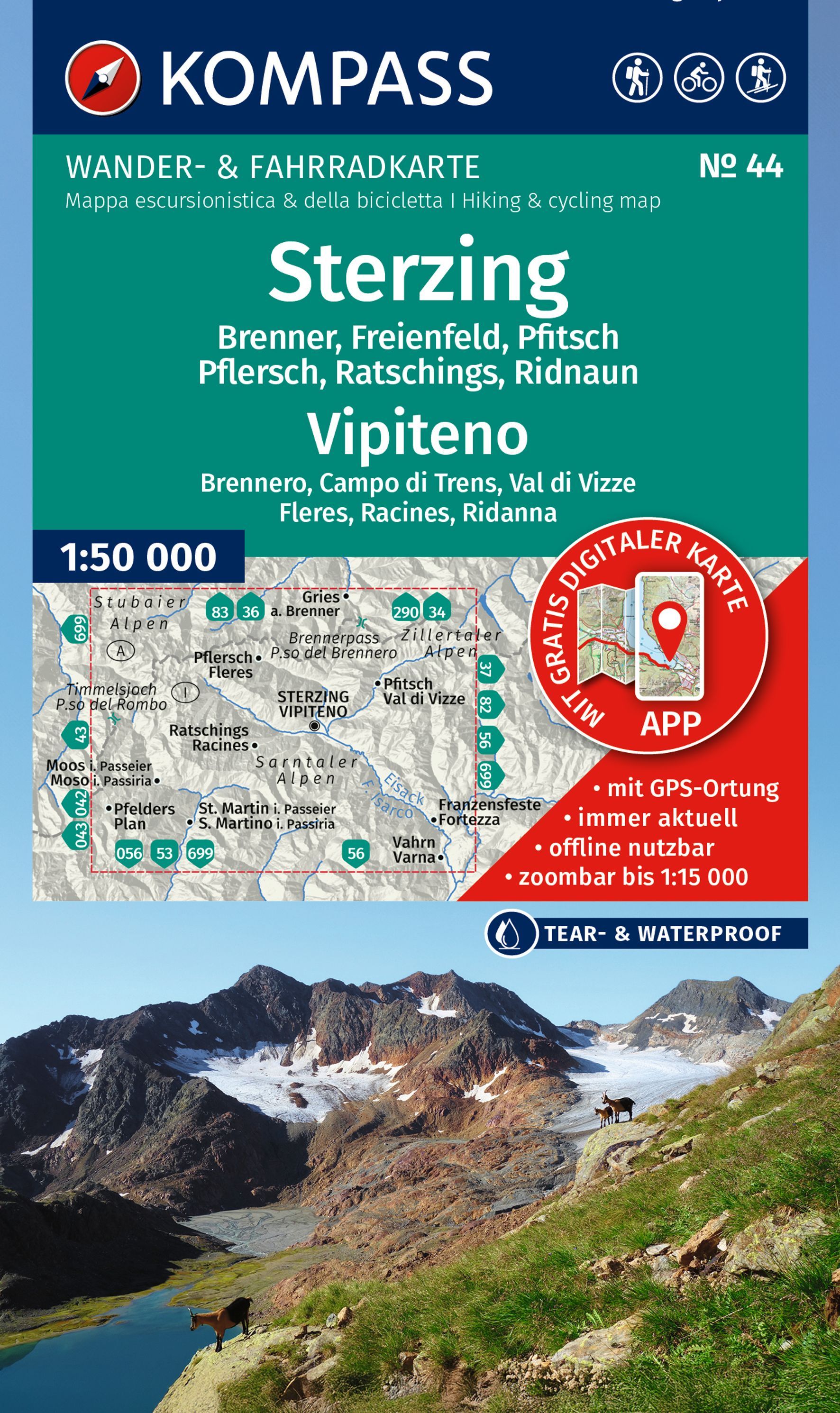 KOMPASS Wanderkarte 44 Sterzing/Vipiteno 1:50.000 Werbung, Plakat, Natur, Draußen, Gipfel