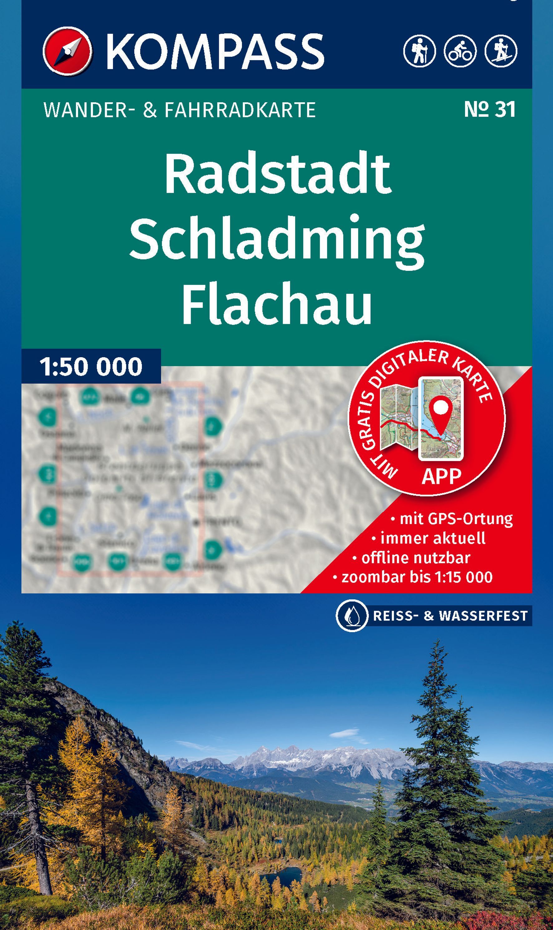 KOMPASS Wanderkarte Radstadt, Schladming, Flachau Werbung, Plakat, Pflanze, Baum, Tanne