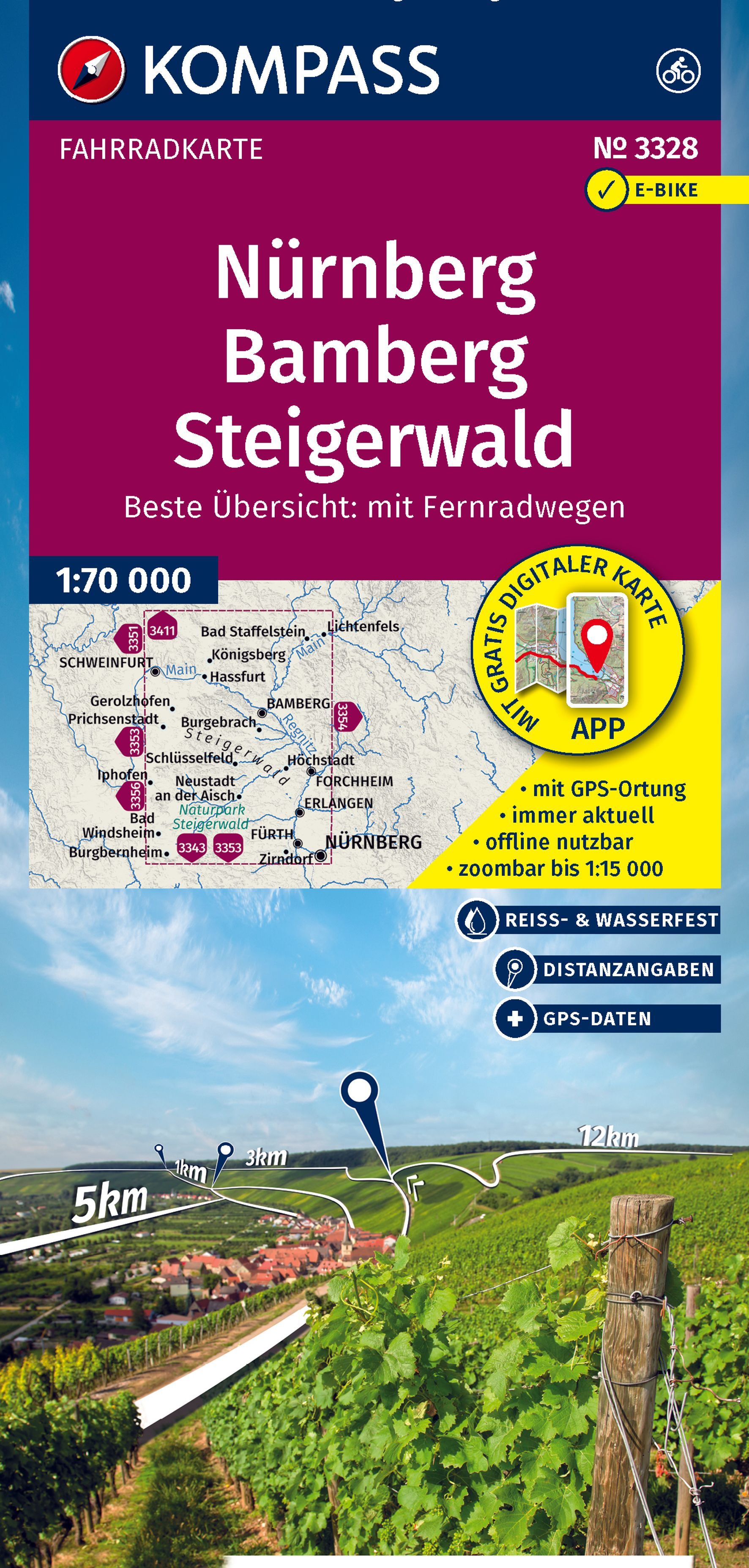 KOMPASS Fahrradkarte 3328 Nürnberg, Bamberg