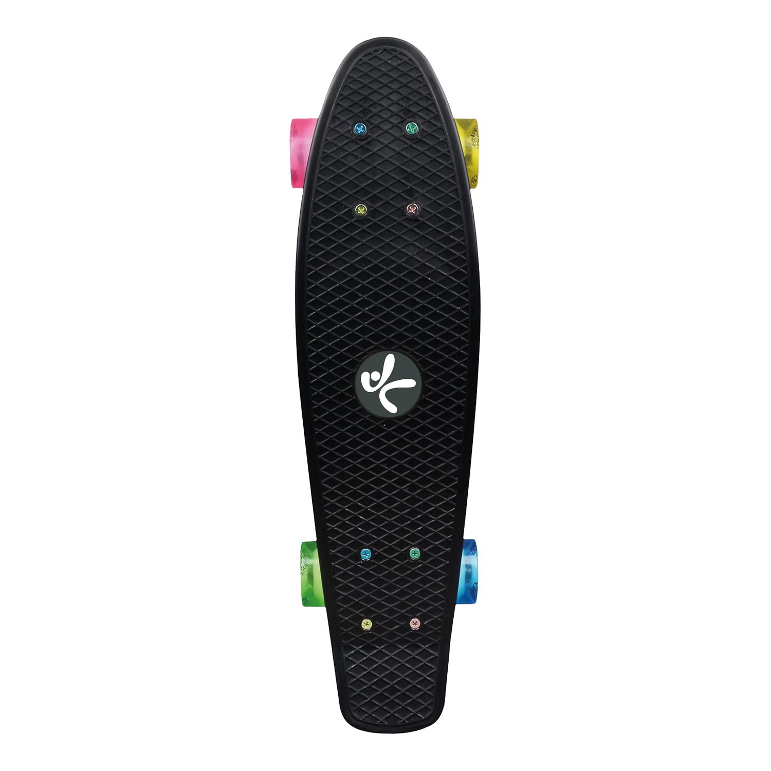Longboard, Schwarzer Deck, Bunte Rollen, Griptape-Muster, Skateboard-Sport