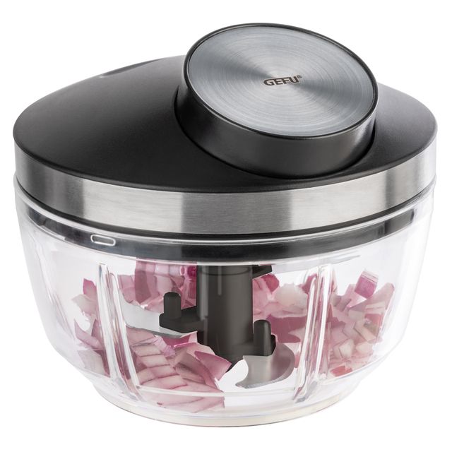 Küchengerät, Chopper, Kreuzmesser?, Nahrungszerkleinerer, Schale aus Glas