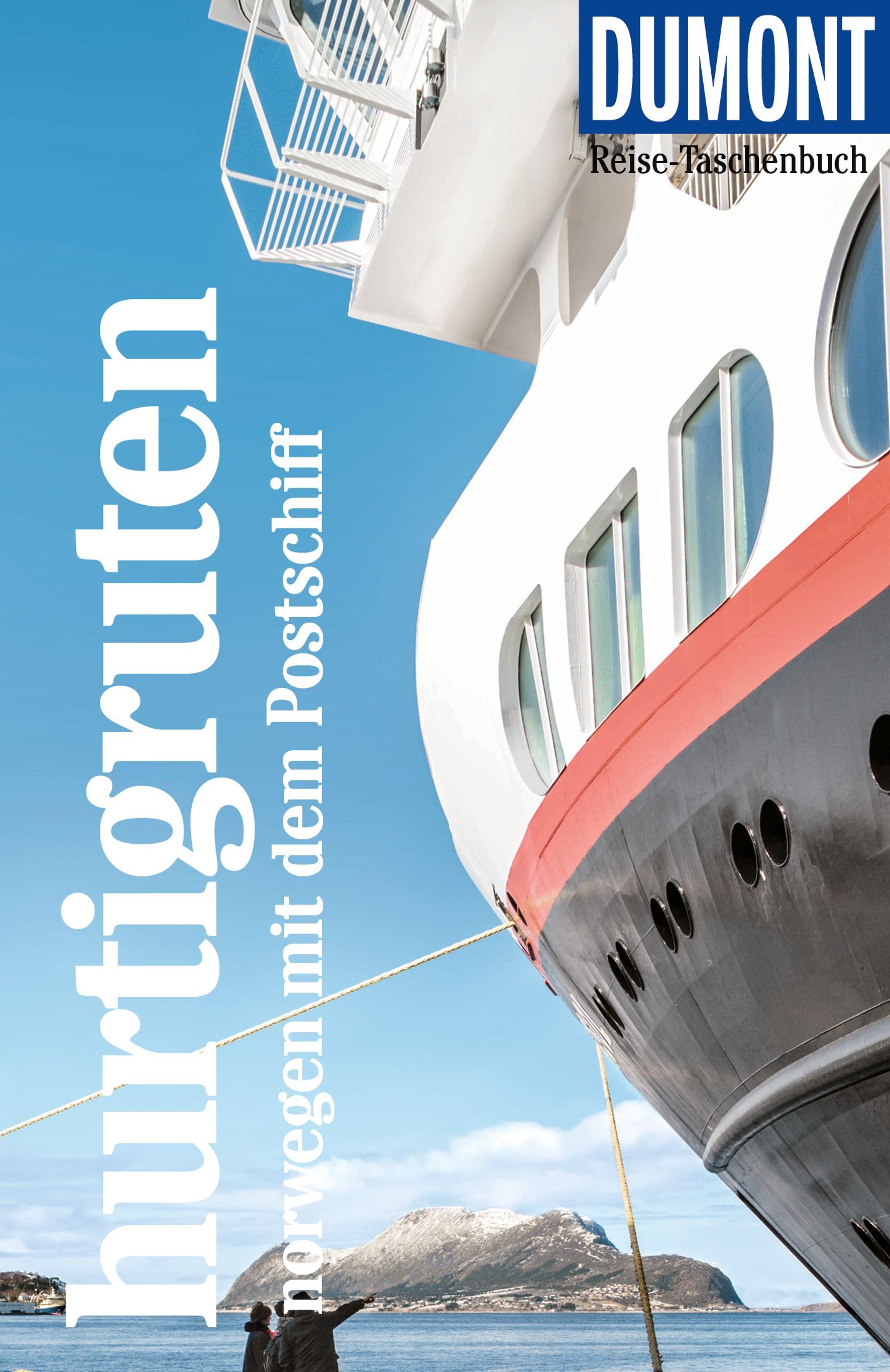 DuMont Reise-Taschenbuch Hurtigruten Cover Dumont Reiseführer Hurtigrouten. Meer mit Felsen und vorderer Teile eines großen Bootes