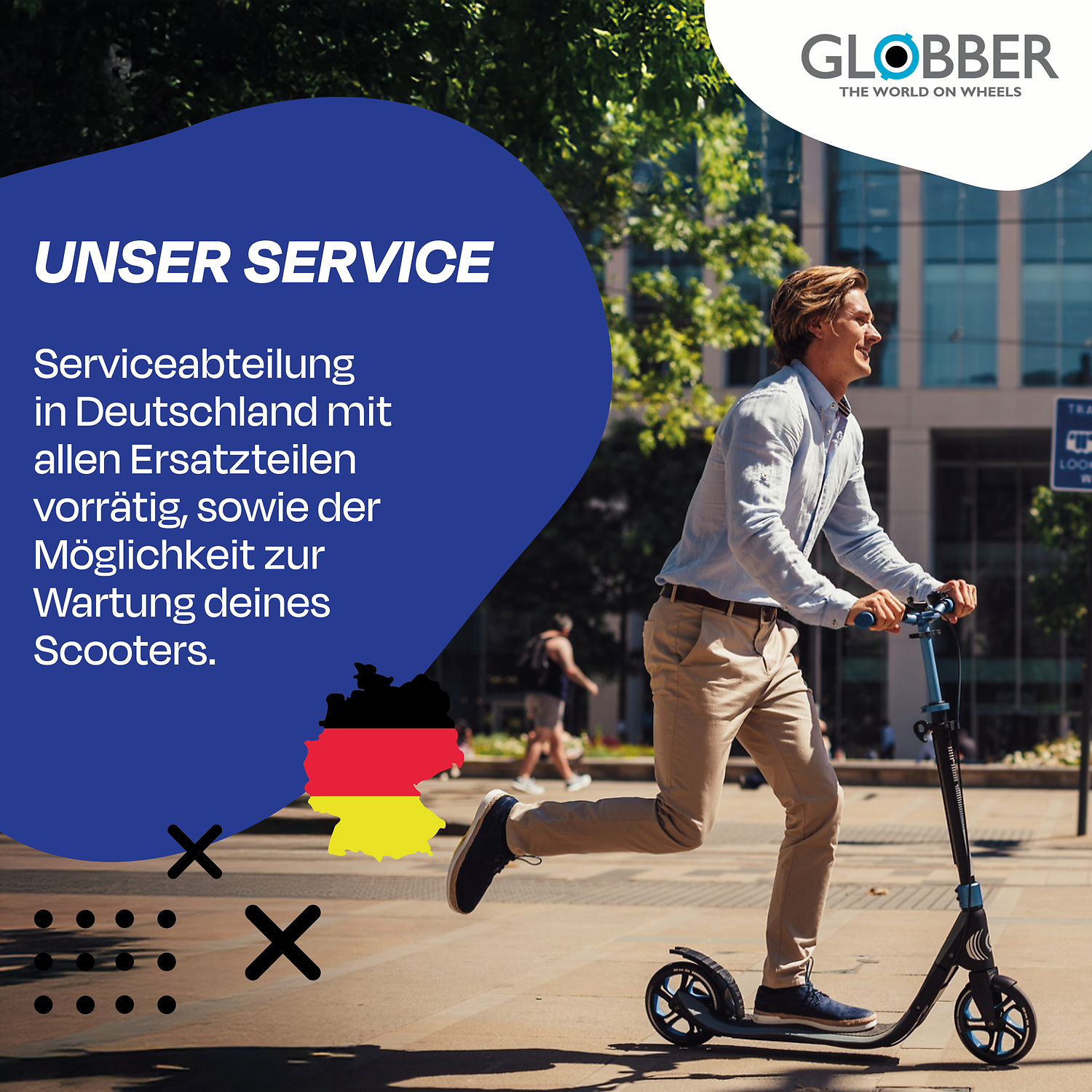 E-Scooter, Scooter, Urban transport, Germany flag graphic, blaues Banner