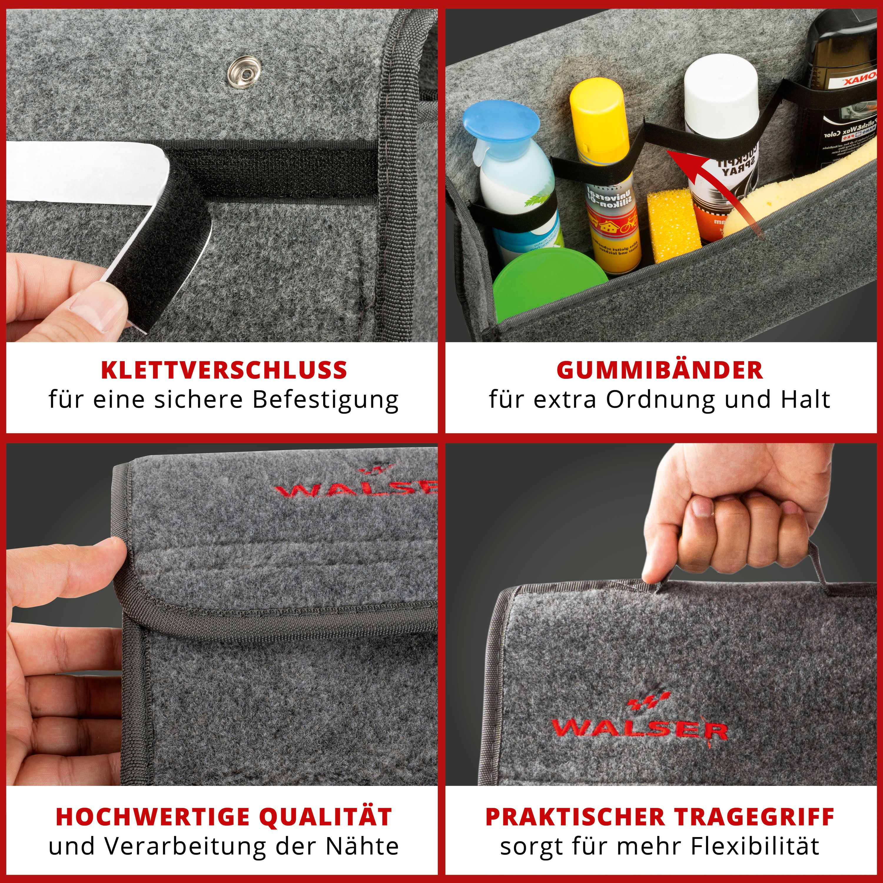 Details Werkzeugtasche, Grau, Reinigungsmittel, Klettverschluss, Tragegriff