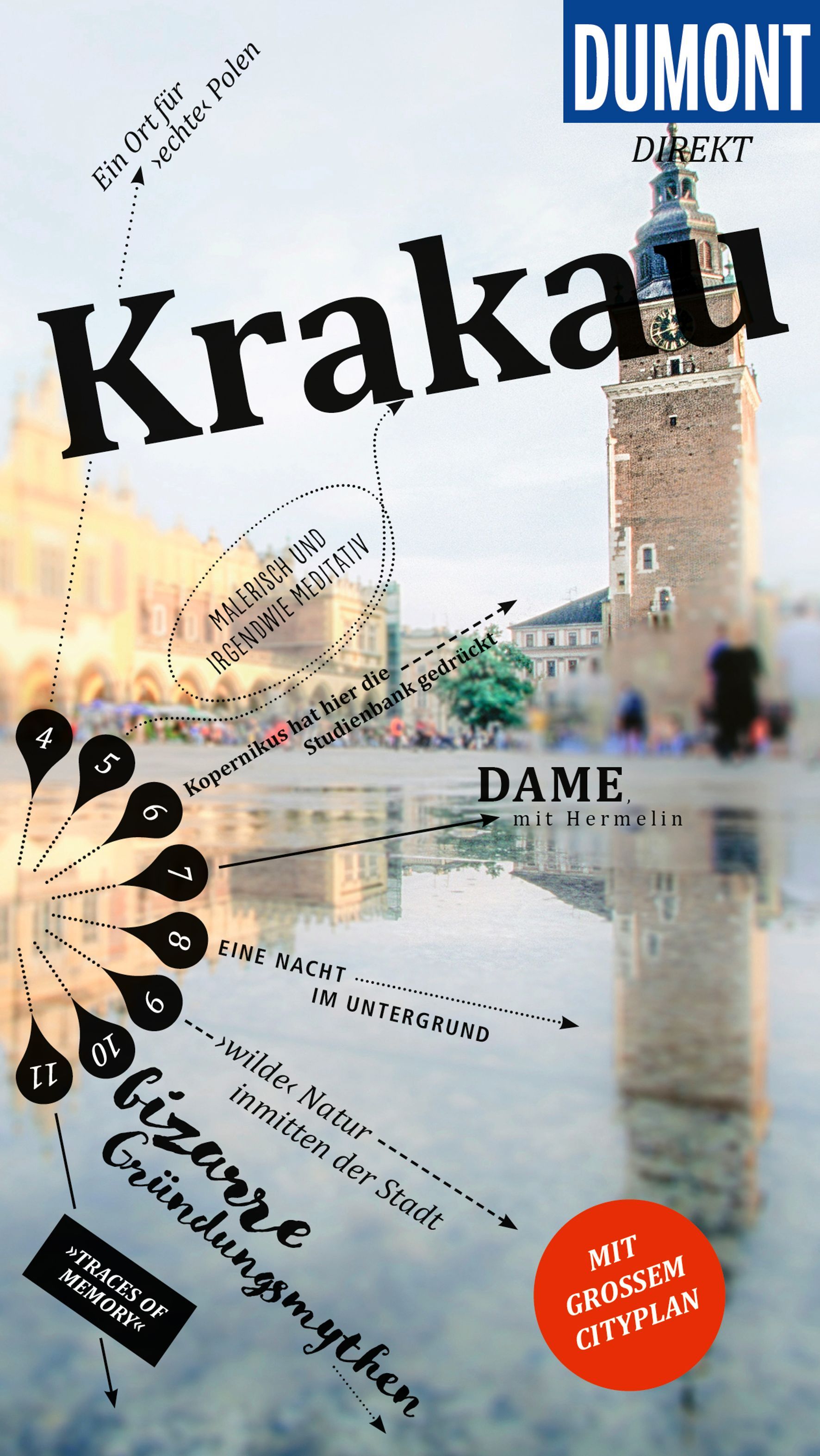 DuMont direkt Reiseführer Krakau Cover Dumont Reiseführer Direkt Krakau. PLatz mit Wasserspeigelung im Vordergrund und im Hintergrund Gebäude und ein alter Turm