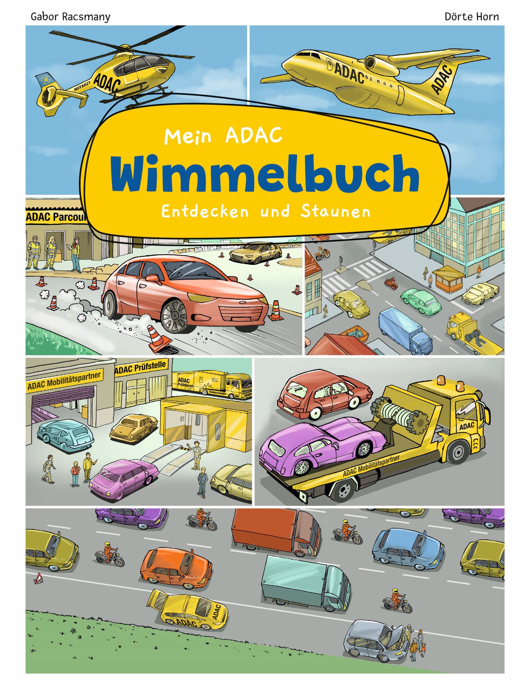059099_Mein-ADAC-Wimmelbuch_Cover_klein ADAC Wimmelbuch, verschiedene Fahrzeuge, Hubschrauber, Flugzeug auf dem Cover