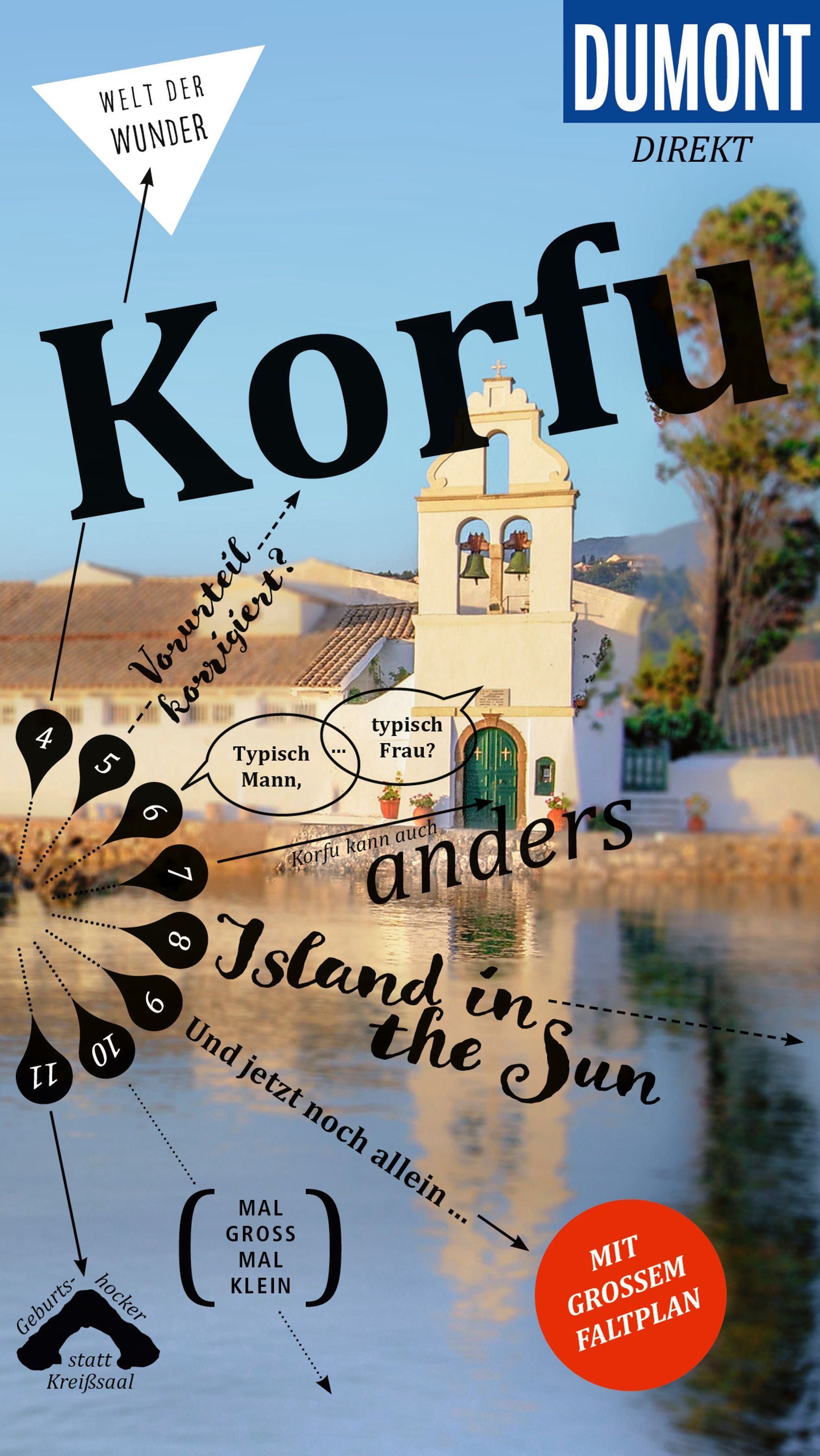 DuMont direkt Reiseführer Korfu Cover Dumont Direkt Reiseführer Korfu. Grau blaues Wasser mit Glockenturm im Hintergrund