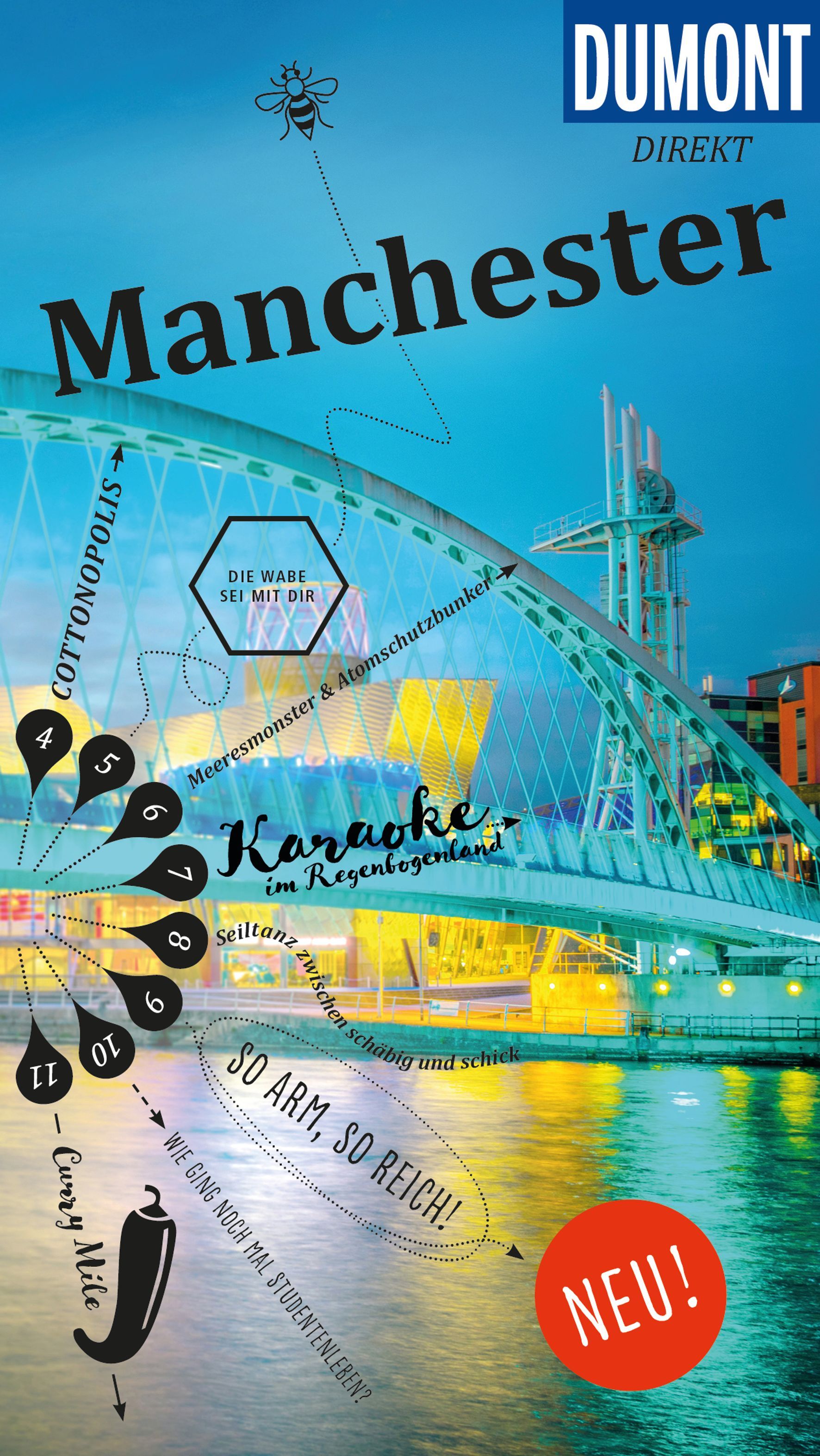 9783616000107 DuMont direkt Reiseführer Manchester, Cover weiße Brücke mit erleuchteten Gebäuden im Hintergrund
