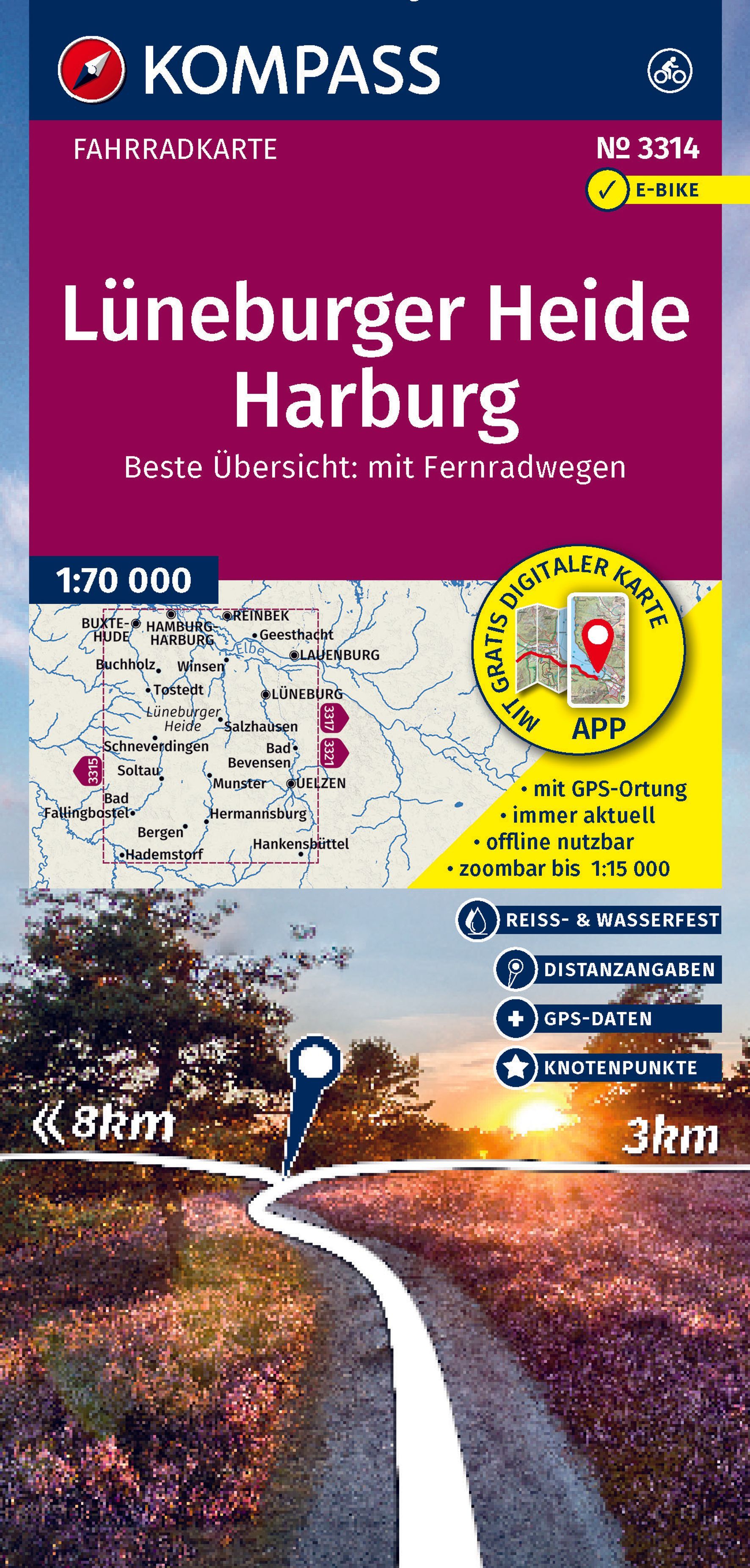 KOMPASS Fahrradkarte 3314 Lüneburger Heide,Harburg Werbung, Plakat