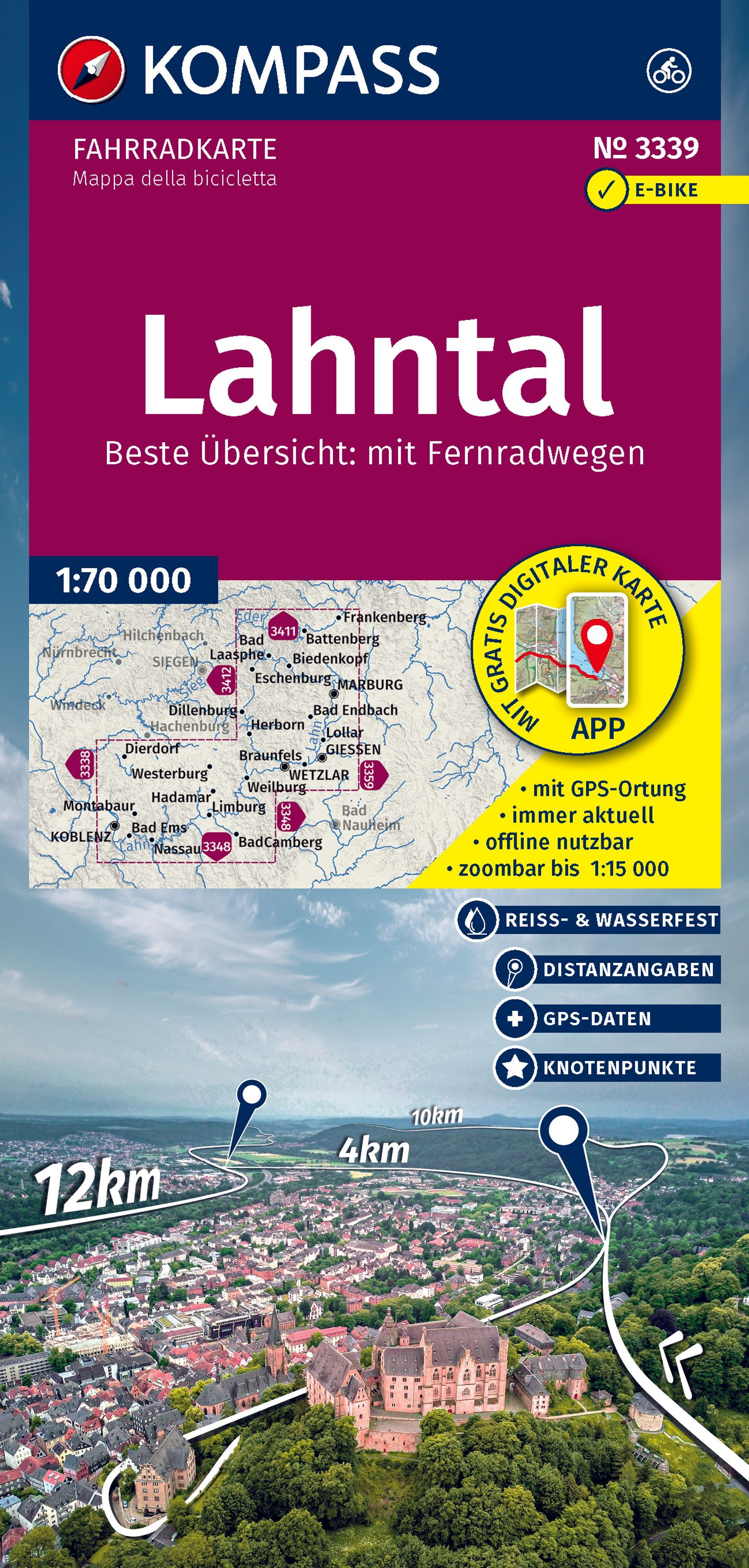 Fahrradkarte, Kartenübersicht, Druckformat, Region Lahntal, GPS-Daten
