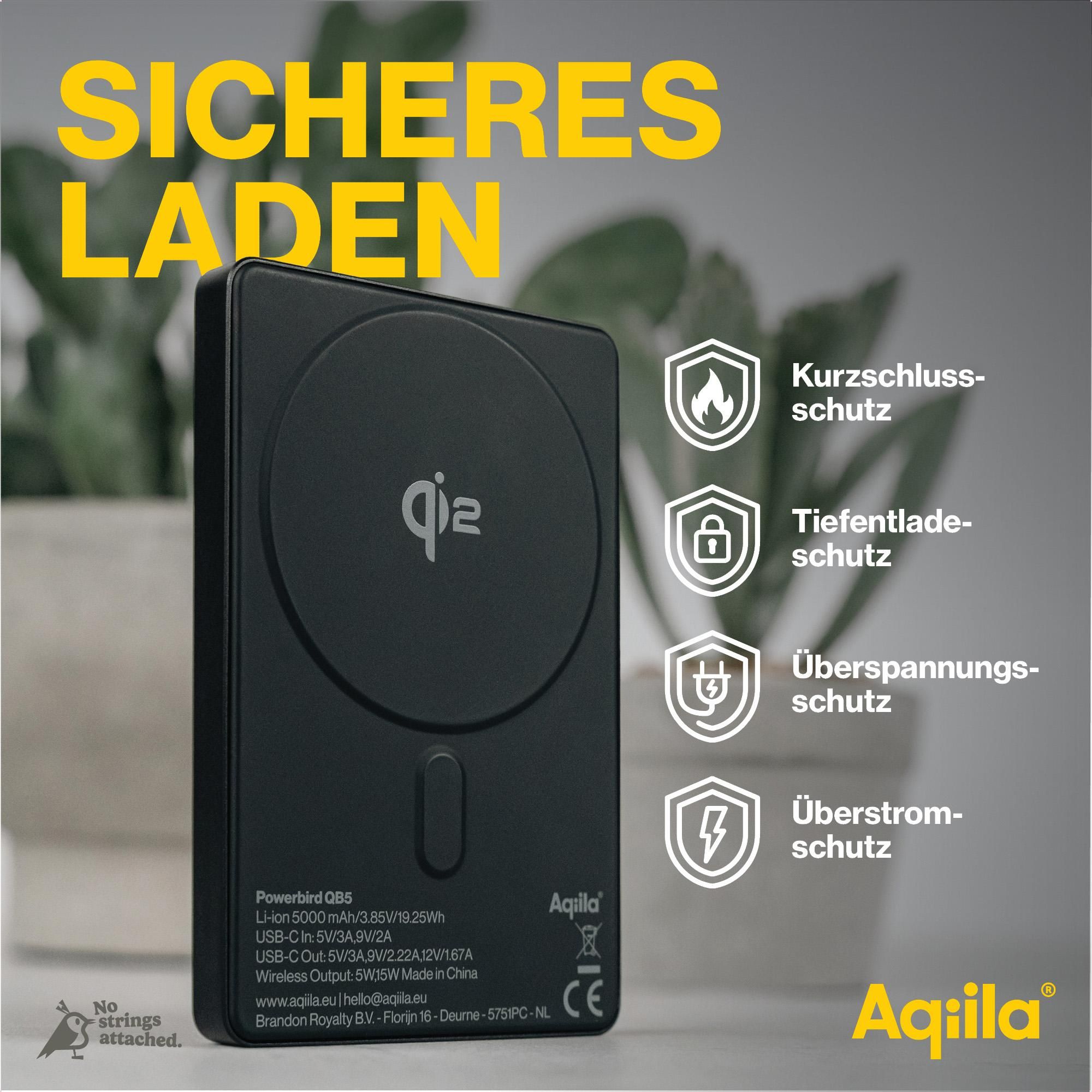 Powerbank, Qi wireless, USB-C, Li-ion 5000mAh, Aquila brand