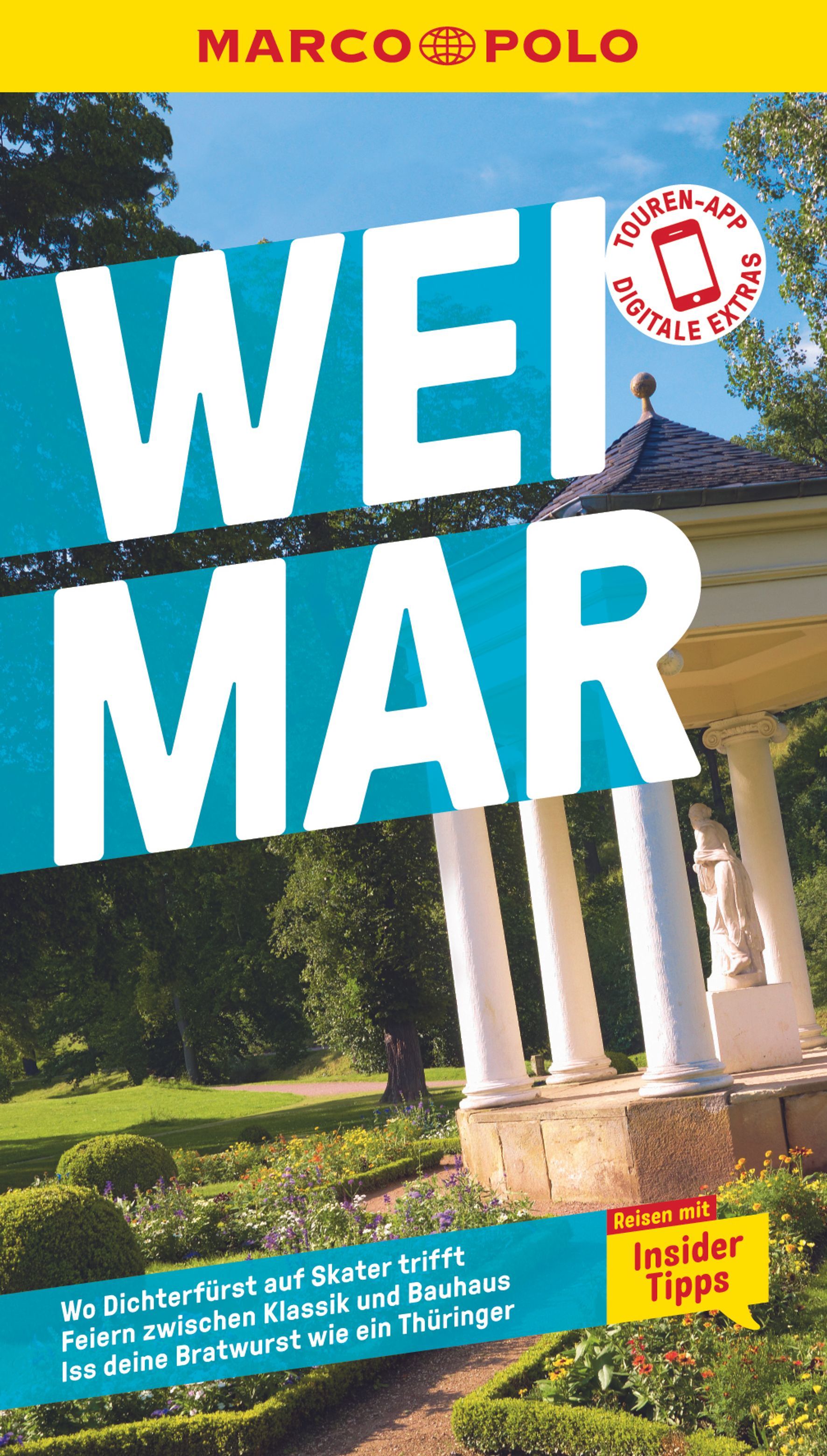 9783829719087 MARCO POLO Reiseführer Weimar, Cover Sonnenterrasse aus Stein mit weißen Säulen in Garten