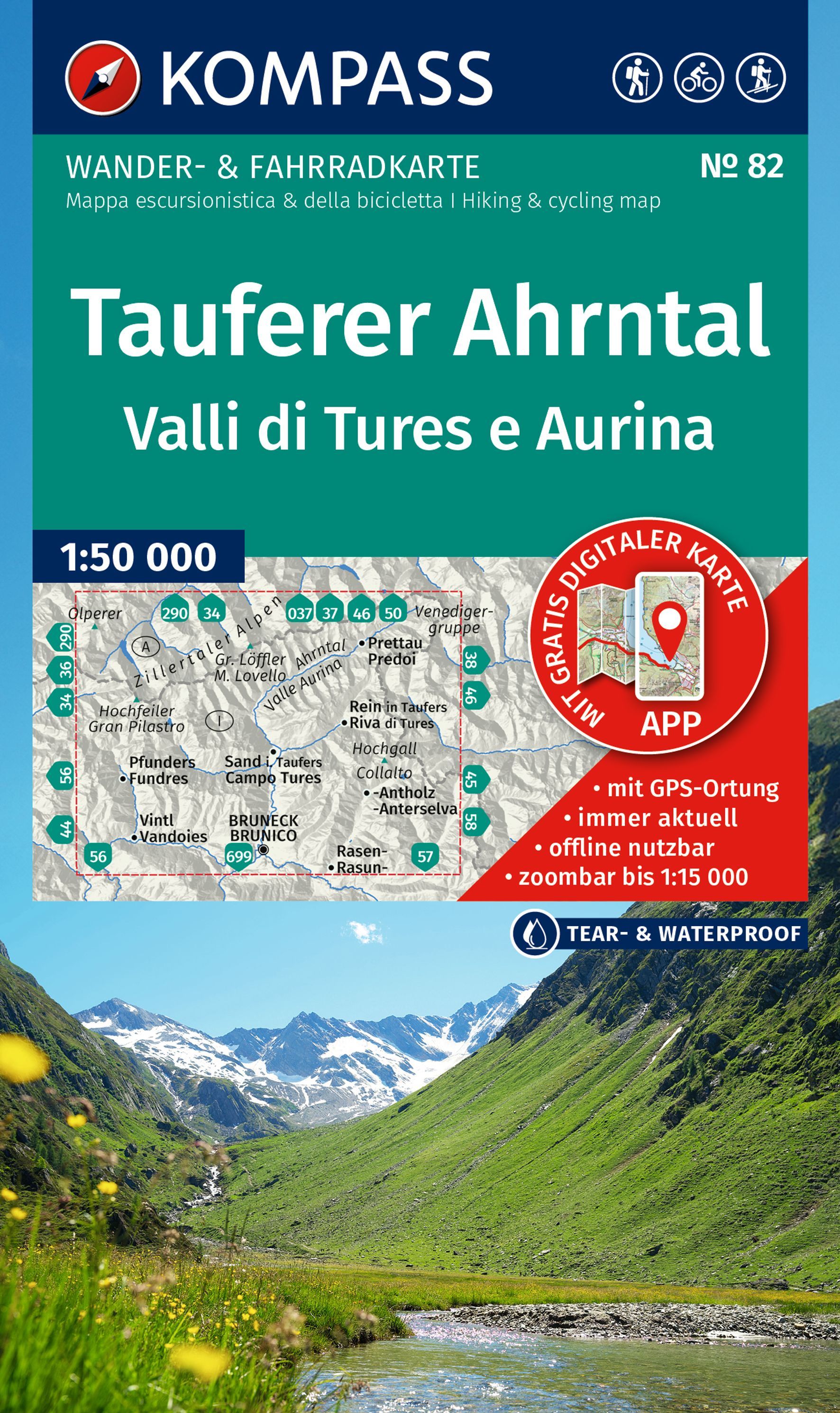 KOMPASS Wanderkarte 82 Tauferer Ahrntal, 1:50.000 Werbung, Plakat, Berg, Draußen, Gipfel