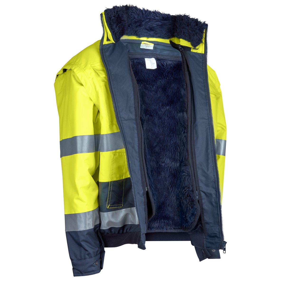 nrh20012001-warnschutzjacke-comfort-l-seite-offen Jacke Offen, Innen Dunkelblau, Gefüttert, Außen Neongelb mit Reflektoren
