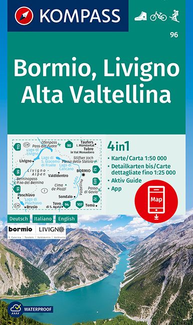 9783991214922 KOMPASS Wanderkarte Bormio,Livigno,Alta Valtellina, Berge mit einem Fluss und See zwischen