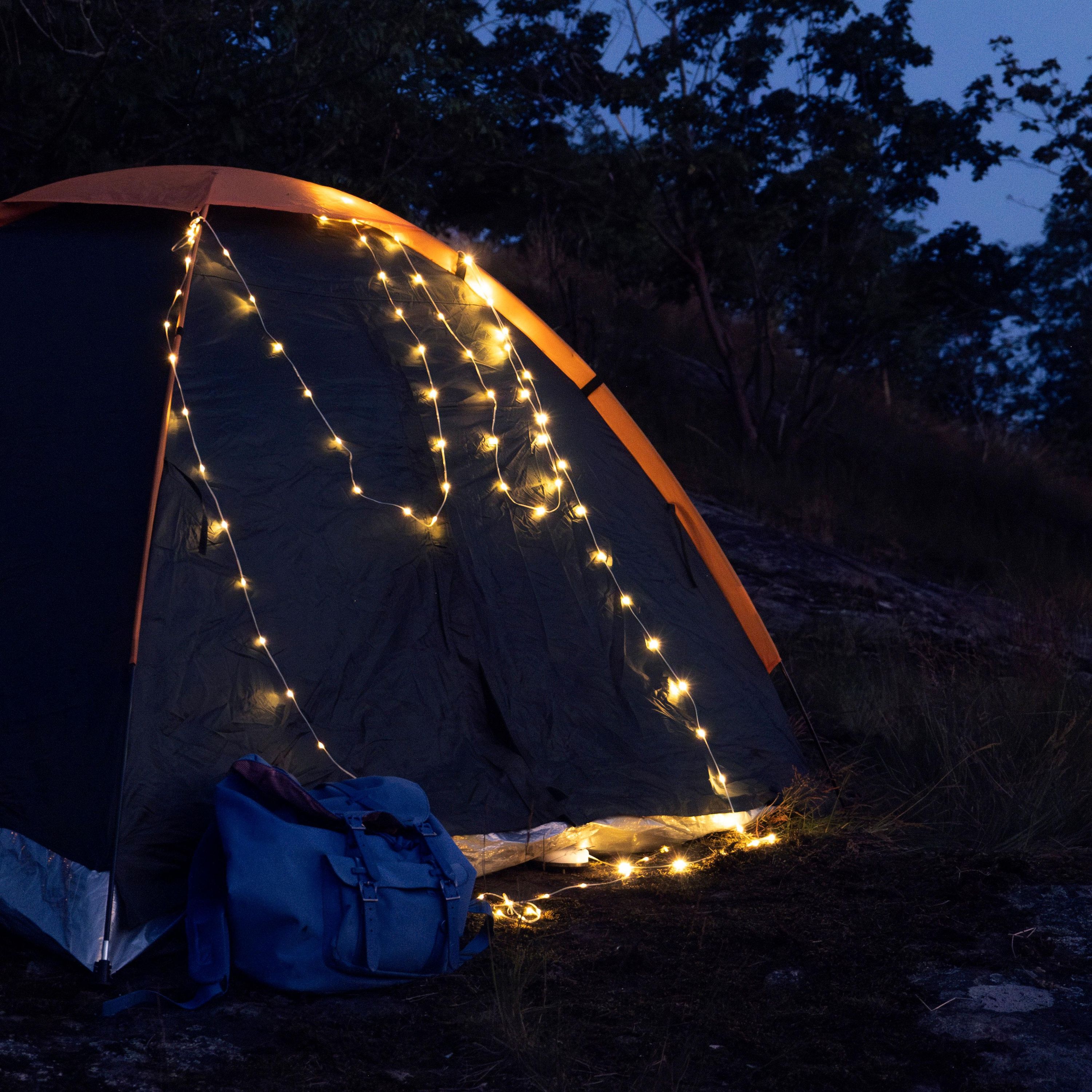 Zelt, Lichterkette, Camping, Nachtaufnahme, Tasche