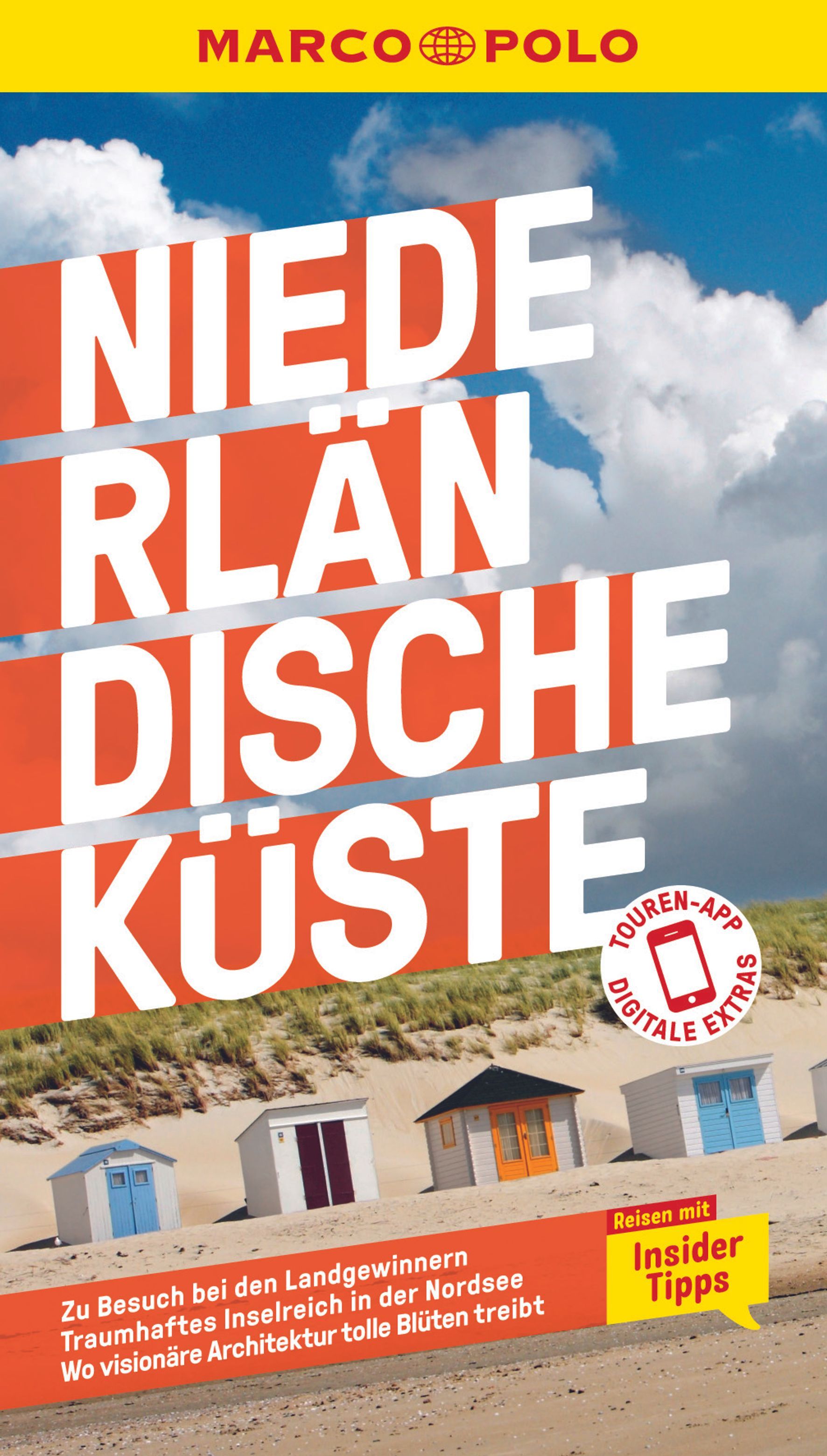 9783829720472 MARCO POLO Reiseführer Niederländische Küste, Cover kleine Strandhäuser am Strand mit Sträuchern dahinter
