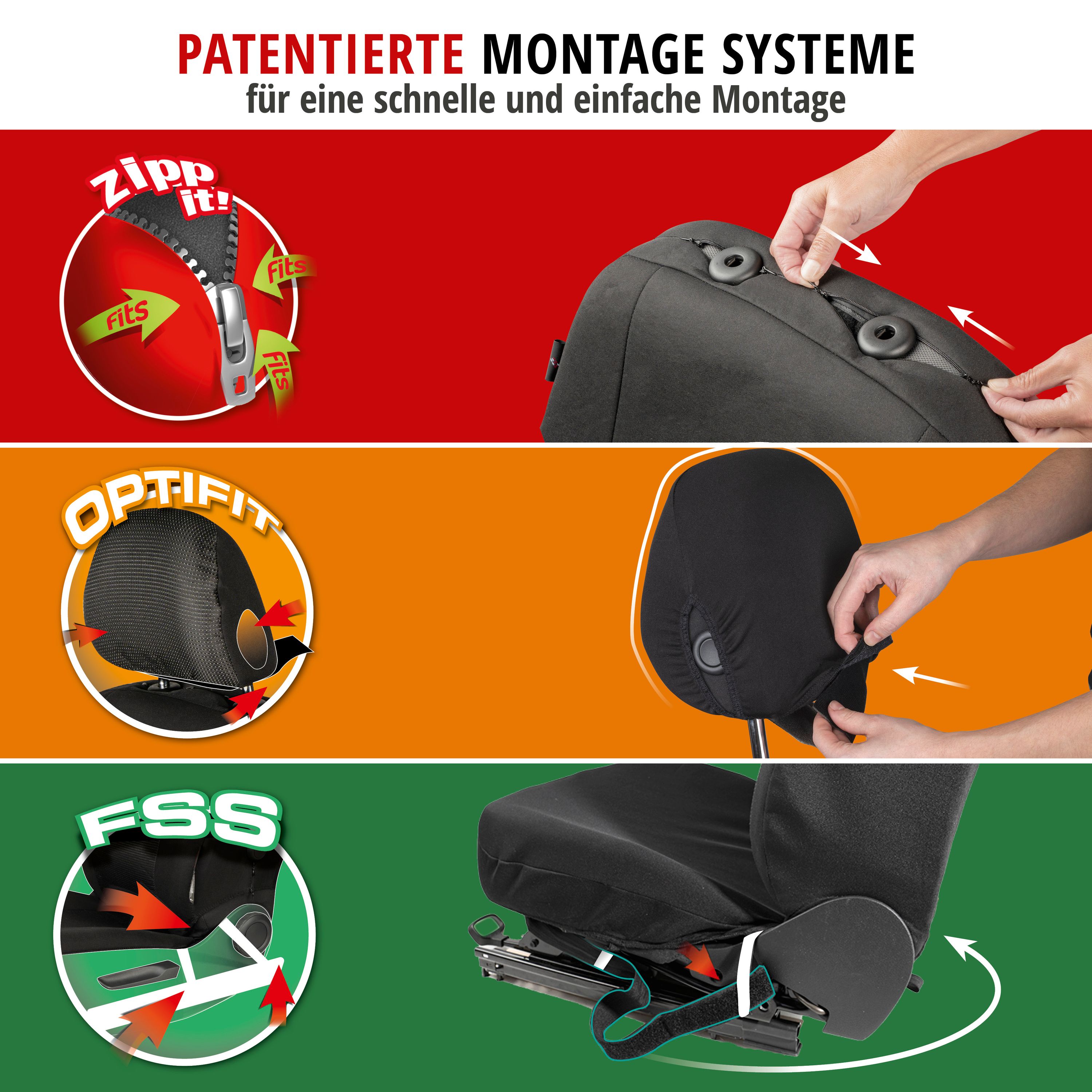 Autositzbezug Kendal für zwei Vordersitze. Patentierte Montage Systeme 