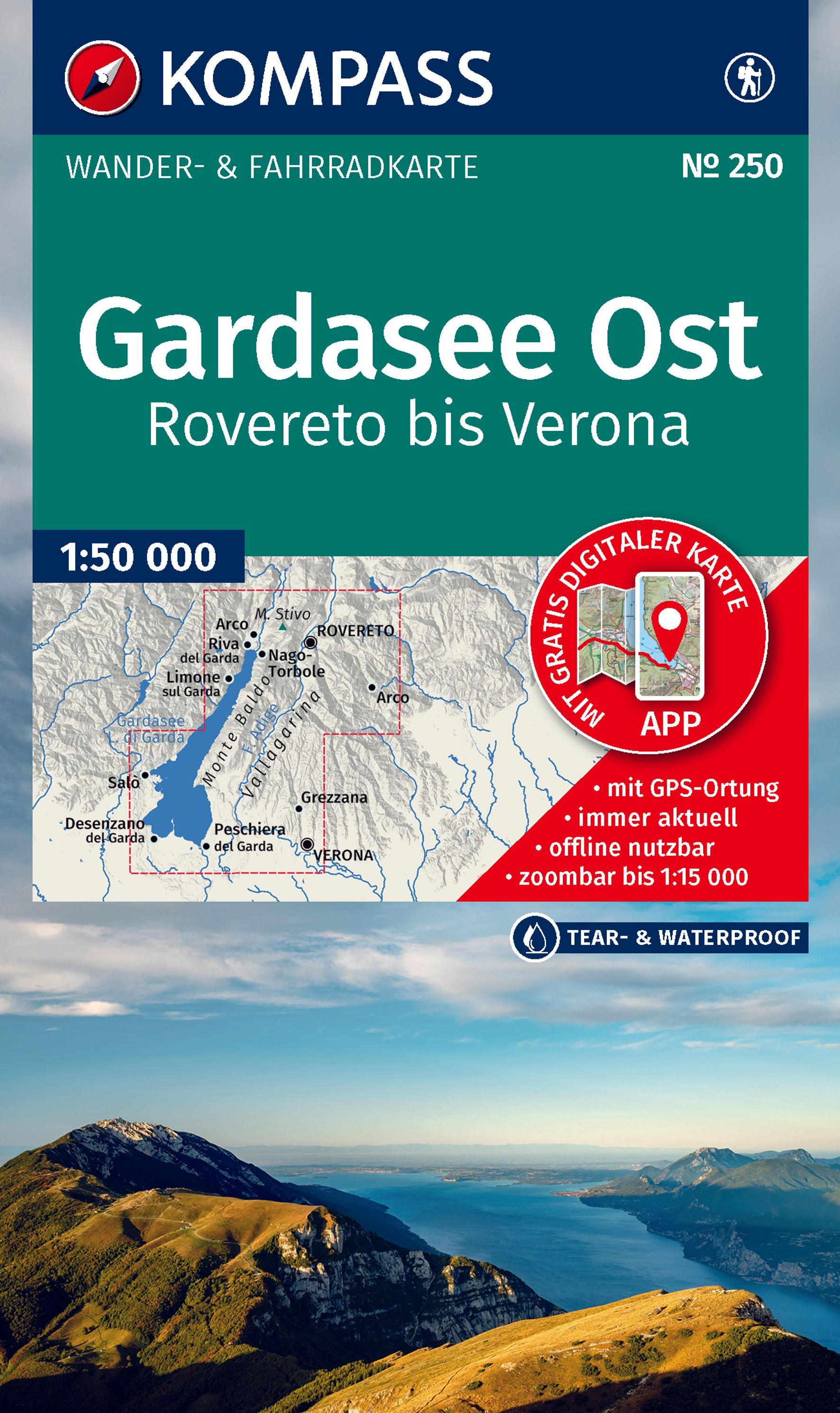 Wanderkarte, Fahrradkarte, Gardasee Ost, Rovereto bis Verona, GPS-App