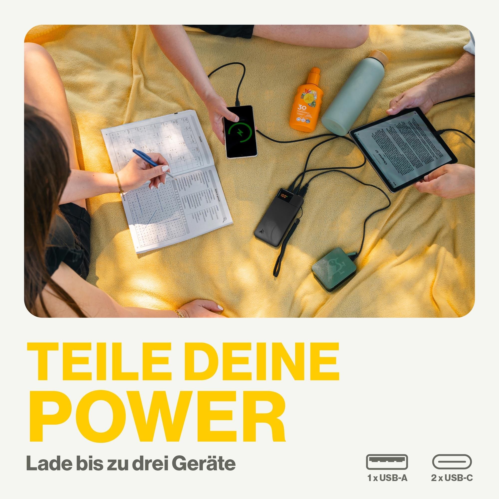  power bank,  USB-C,  USB-A,  tablette,  chargement appareils