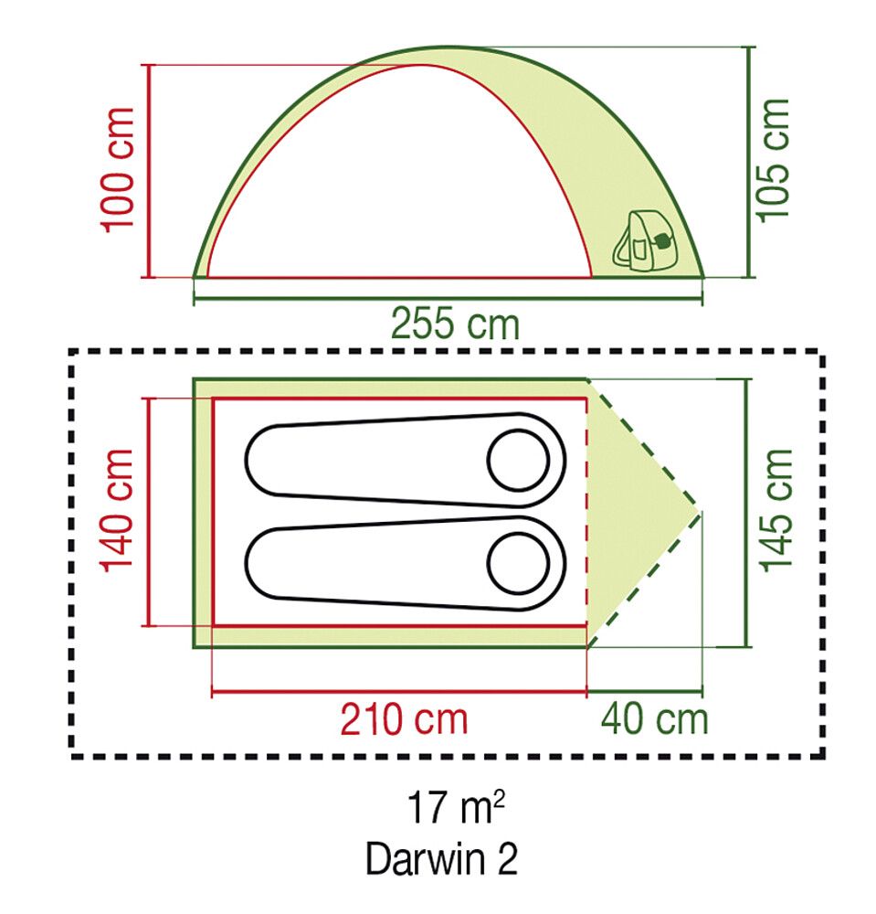 Coleman Zelt Darwin, Zeichnung zu den Abmessungen