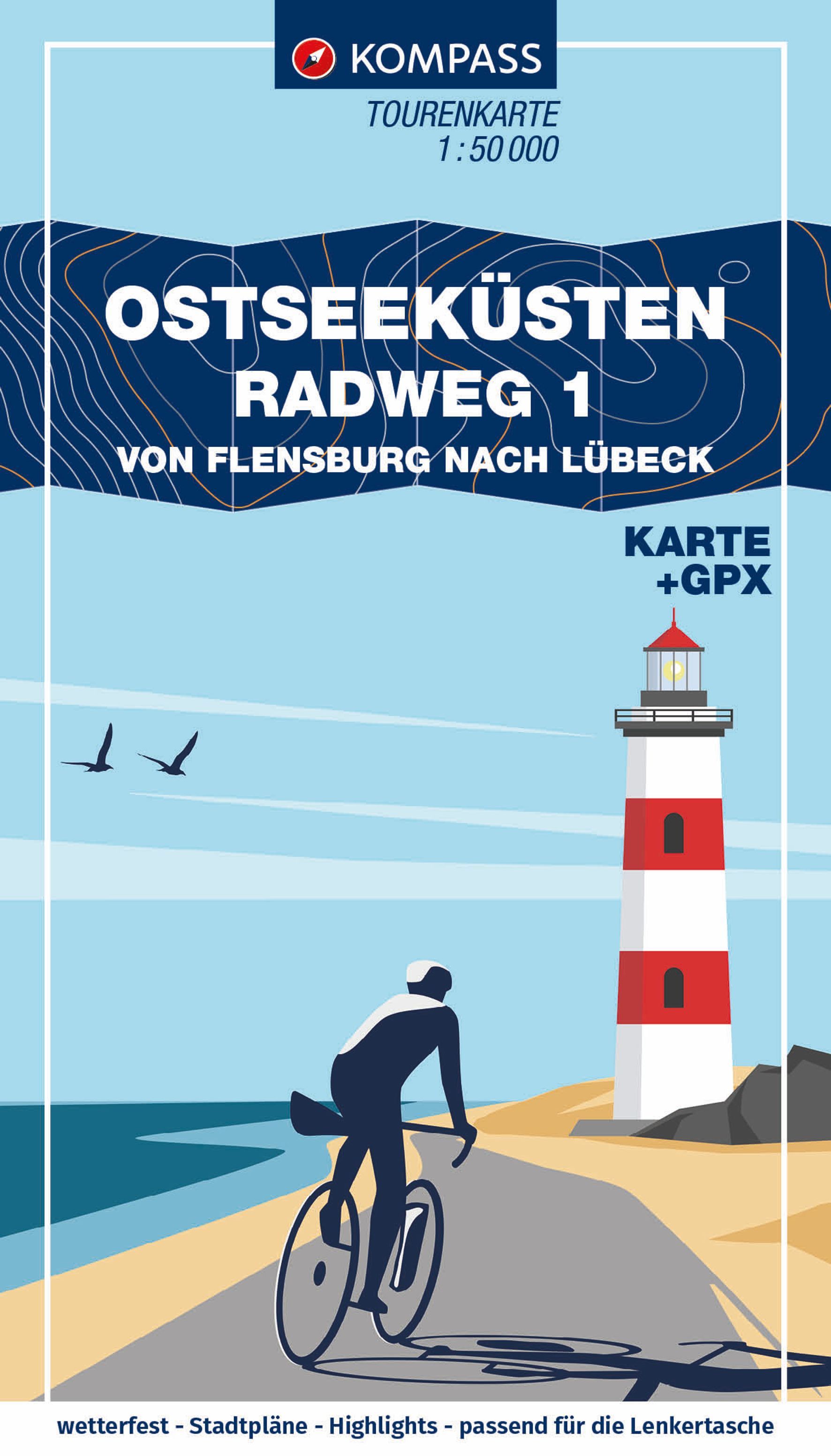KOMPASS Fahrrad-Tourenkarte Ostseeküstenradweg 1 Werbung, Plakat, Person, Vogel, Fahrrad