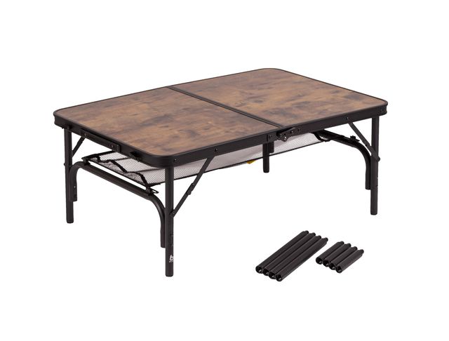 Camping-Tisch, Faltbarer Tisch, Braunholz-Oberfläche, Metschshelf, Beinverlängerung
