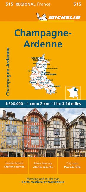 9782067258679 Michelin Regionalkarte Champagne Ardennen, Cover Orange und mittig alte Fachwerk-Reihenhäuser