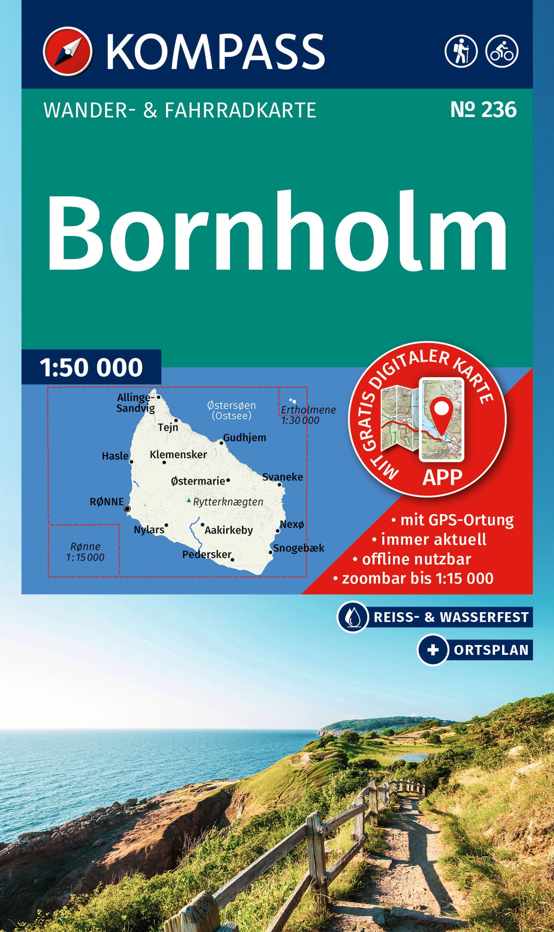 KOMPASS Wanderkarte 236 Bornholm 1:50.000 Cover Natur Meer Pfad