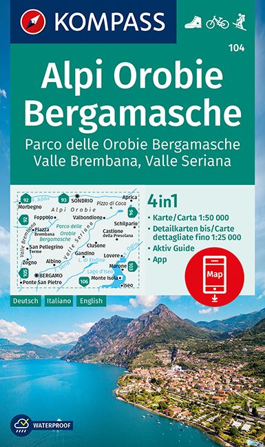 9783991213789 KOMPASS Wanderkarte Alpi Orobie Bergamasche, Stadt am See mit Bergen im Hintergrund
