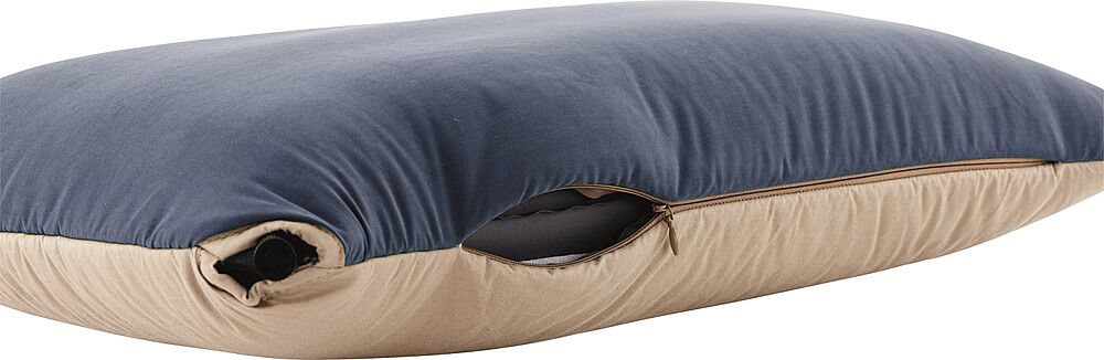 Outwell Kissen Conquerour Blau Beige. Aufgeblasen. Ansicht Seite mit Reißverschluss